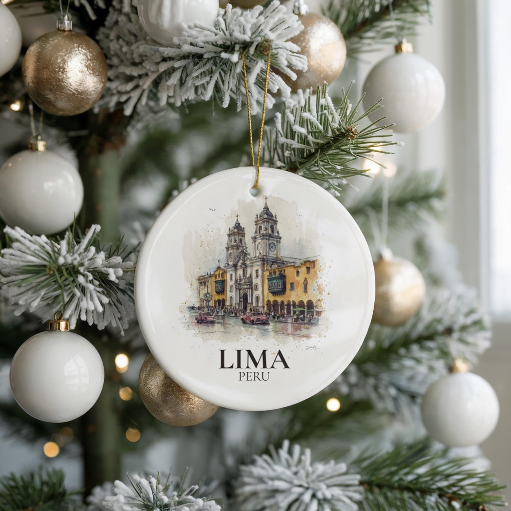 Lima Peru Personalized Watercolor Ornament, Custom Ceramic Christmas gift, Travel Keepsake - CuteBeePix