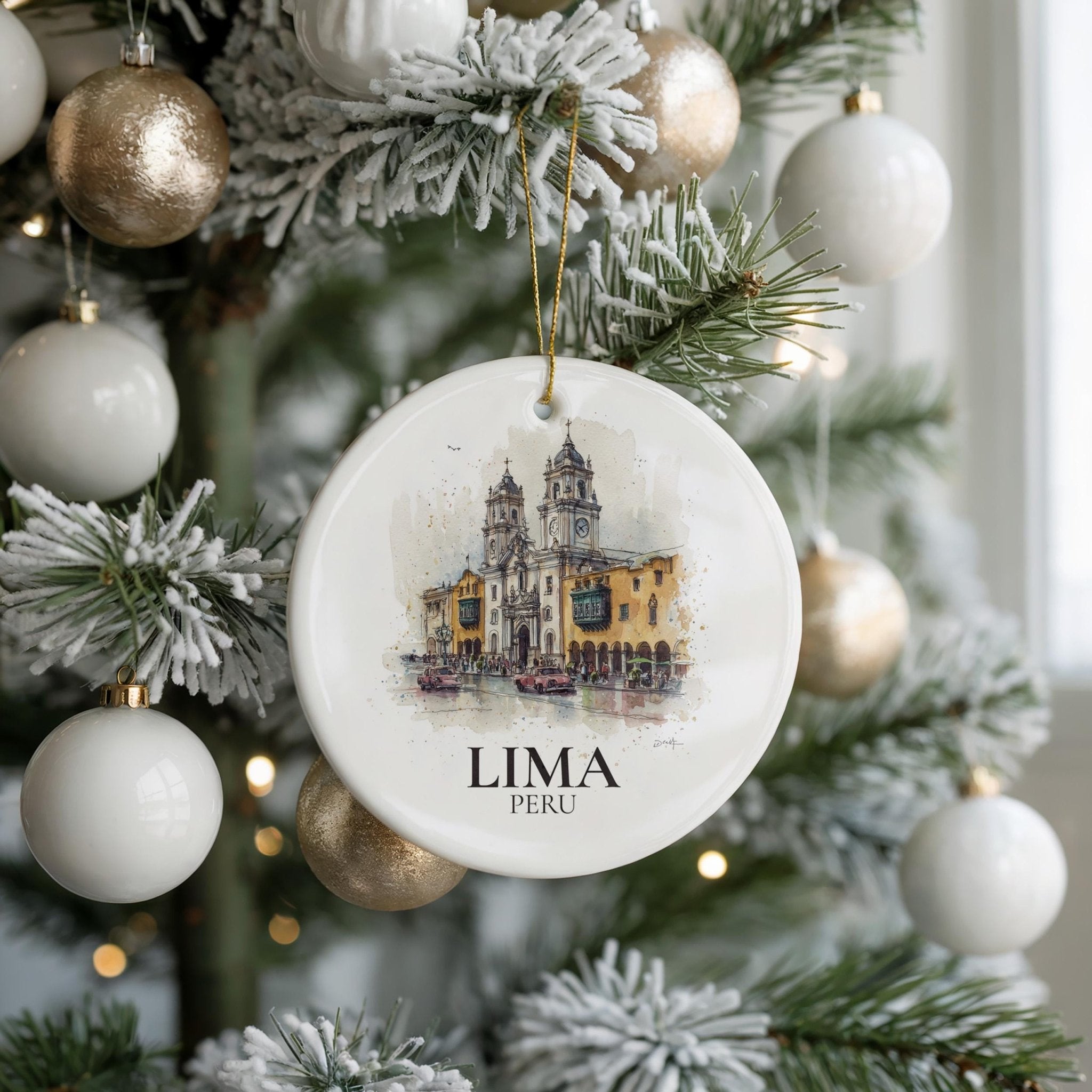 Lima Peru Personalized Watercolor Ornament, Custom Ceramic Christmas gift, Travel Keepsake - CuteBeePix