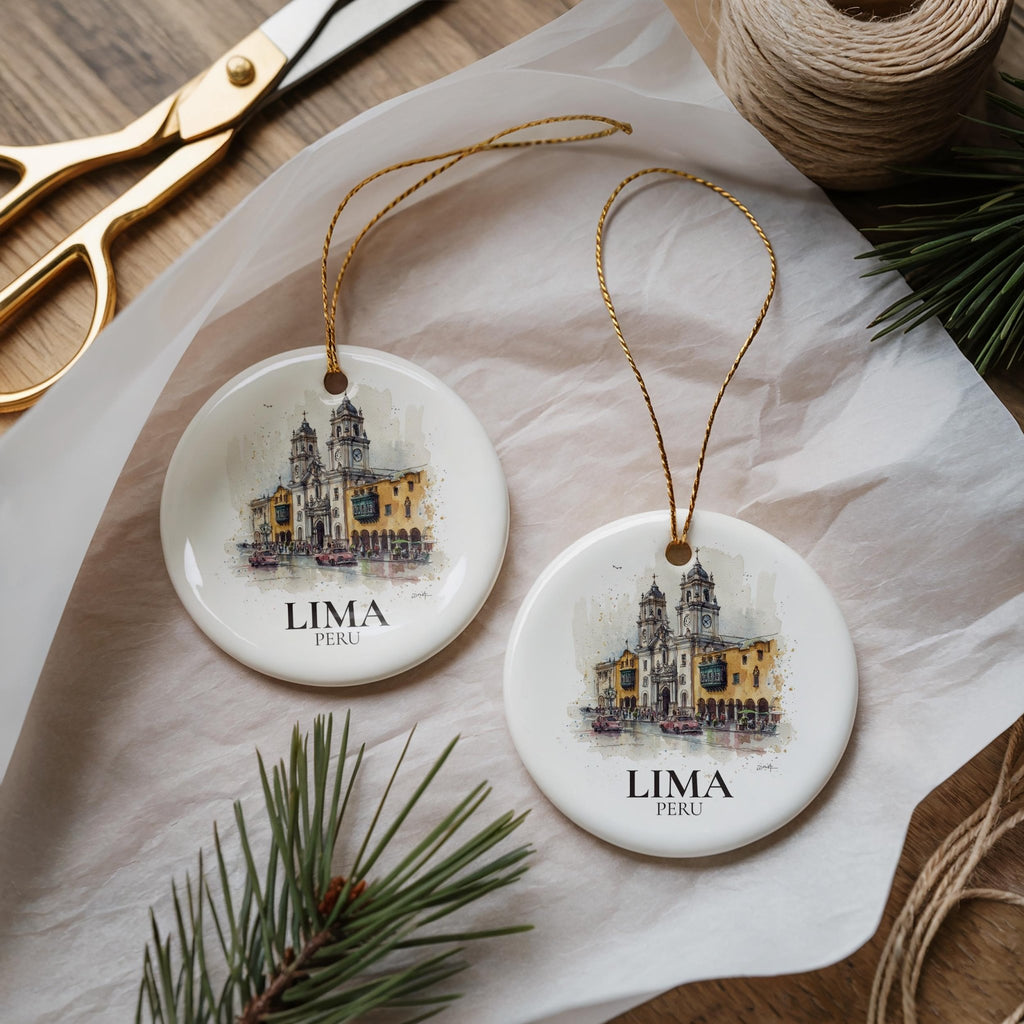 Lima Peru Personalized Watercolor Ornament, Custom Ceramic Christmas gift, Travel Keepsake - CuteBeePix
