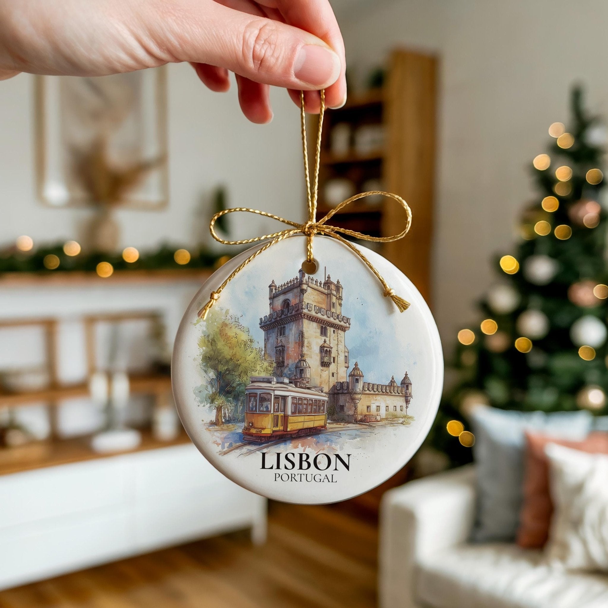 Lisbon Personalized Watercolor Ornament, Portugal Custom Ceramic Christmas gift, Travel Keepsake - CuteBeePix