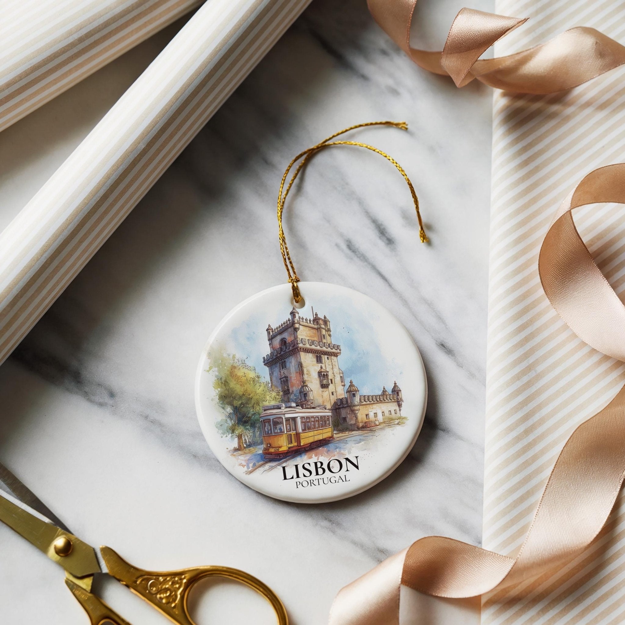 Lisbon Personalized Watercolor Ornament, Portugal Custom Ceramic Christmas gift, Travel Keepsake - CuteBeePix