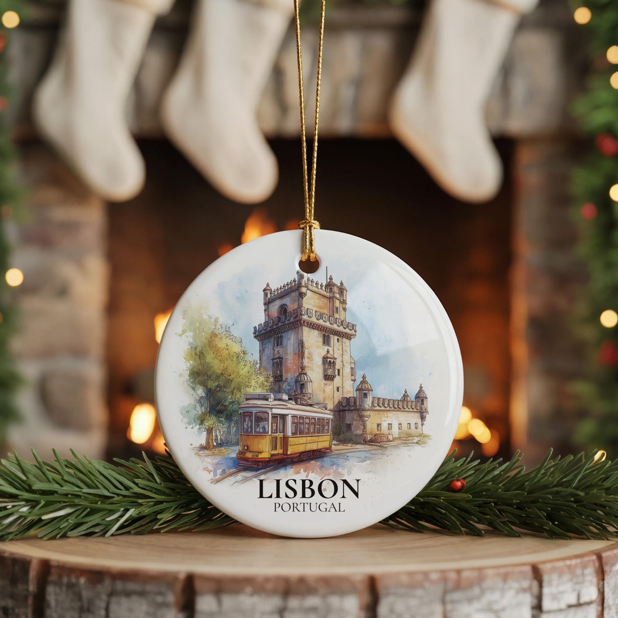 Lisbon Personalized Watercolor Ornament, Portugal Custom Ceramic Christmas gift, Travel Keepsake - CuteBeePix