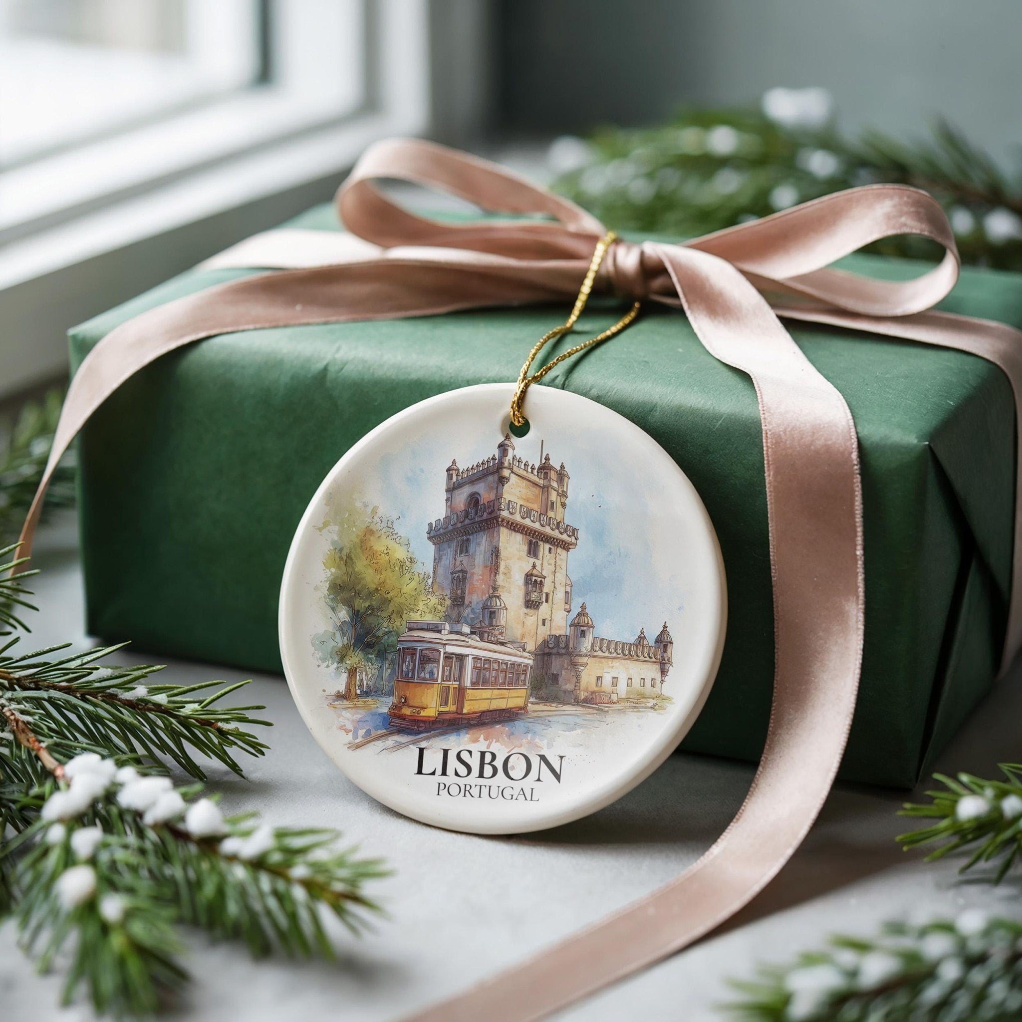 Lisbon Personalized Watercolor Ornament, Portugal Custom Ceramic Christmas gift, Travel Keepsake - CuteBeePix