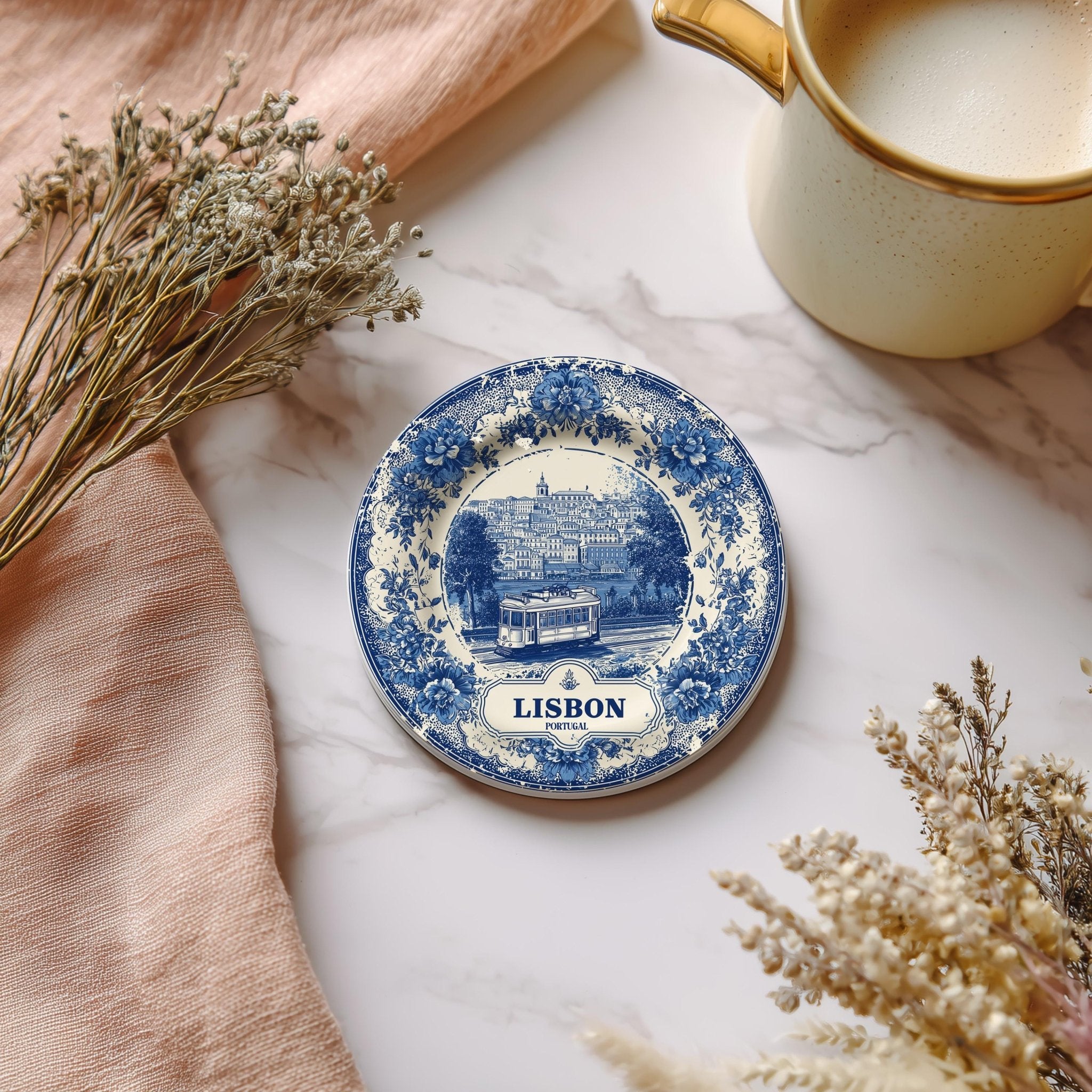 Lisbon Portugal Delftware Ceramic Coaster, Blue White Travel Gift, Vintage Home Decor Collectible - CuteBeePix