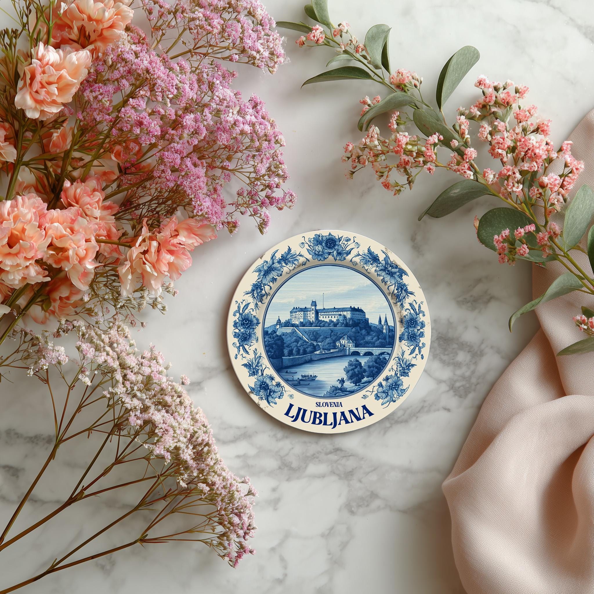 Ljubljana Slovenia Delftware Ceramic Coaster, Blue White Travel Gift, Vintage Home Decor Collectible - CuteBeePix
