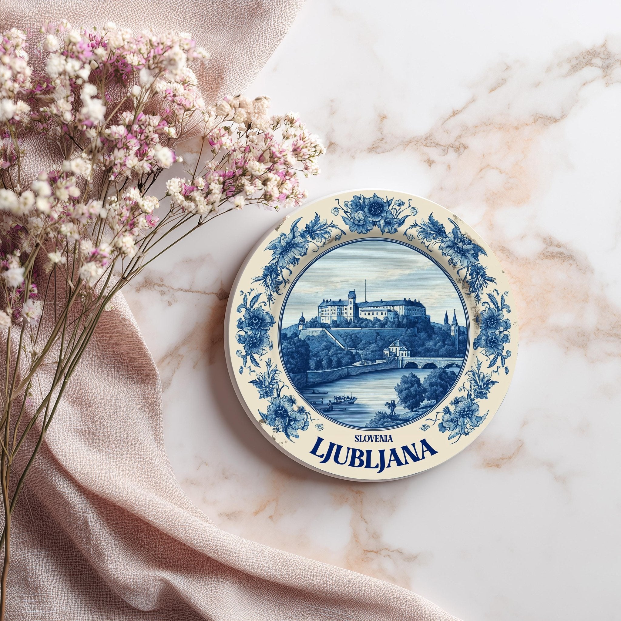 Ljubljana Slovenia Delftware Ceramic Coaster, Blue White Travel Gift, Vintage Home Decor Collectible - CuteBeePix