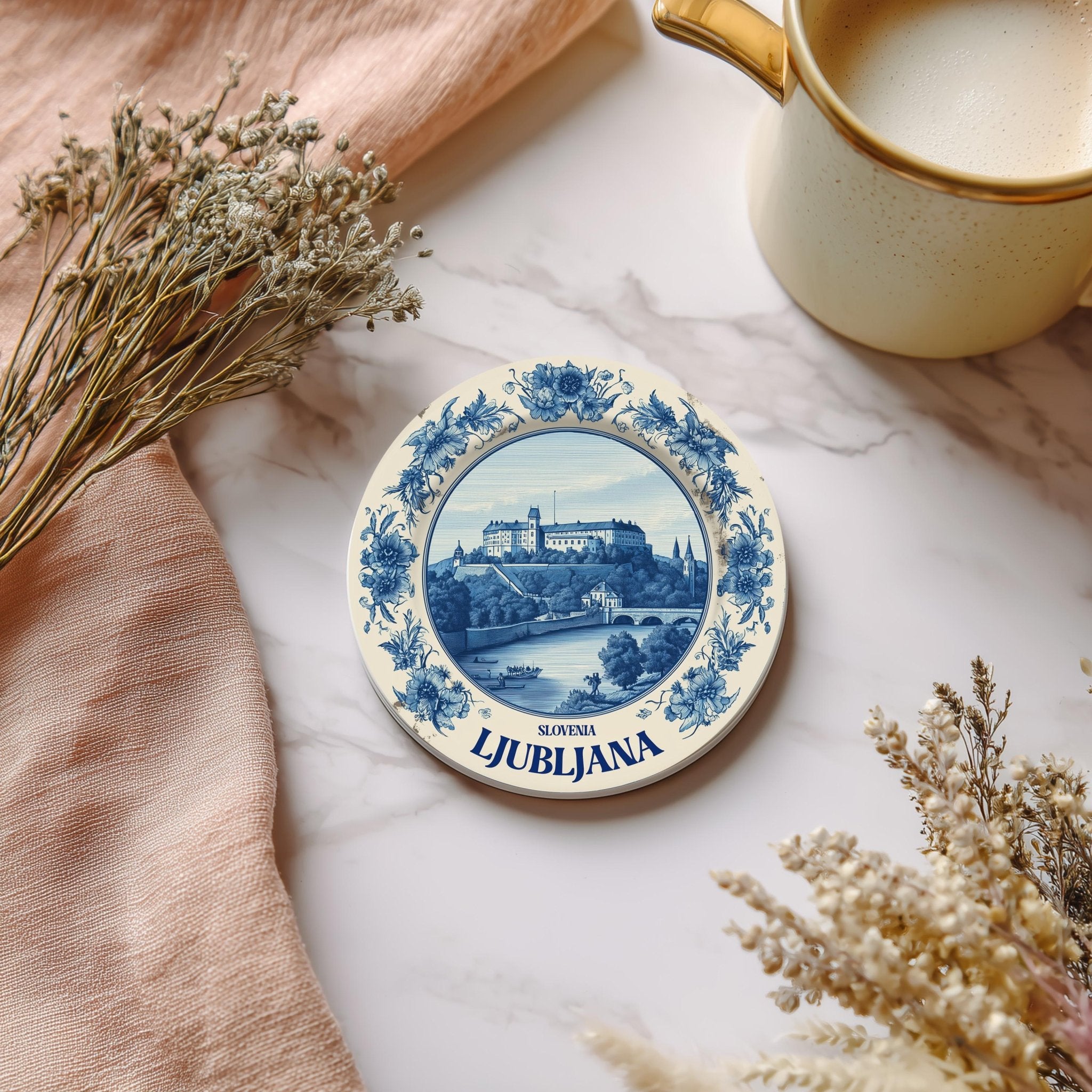 Ljubljana Slovenia Delftware Ceramic Coaster, Blue White Travel Gift, Vintage Home Decor Collectible - CuteBeePix