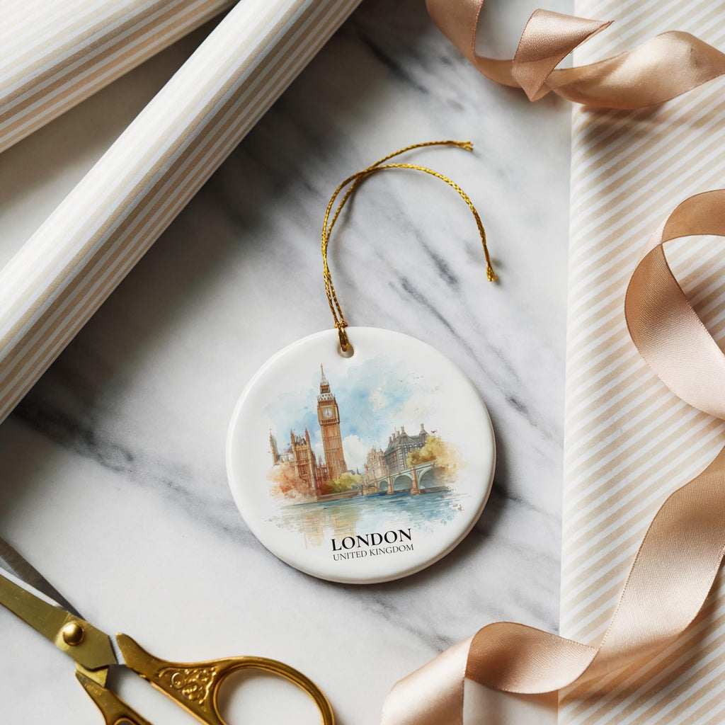 London United Kingdom Personalized Watercolor Ornament, Custom Ceramic Christmas gift, Travel Keepsake - CuteBeePix