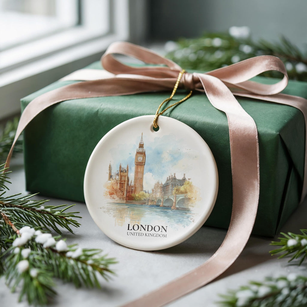 London United Kingdom Personalized Watercolor Ornament, Custom Ceramic Christmas gift, Travel Keepsake - CuteBeePix