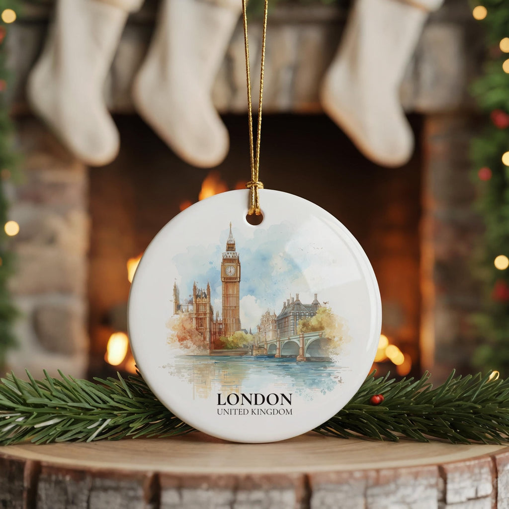 London United Kingdom Personalized Watercolor Ornament, Custom Ceramic Christmas gift, Travel Keepsake - CuteBeePix