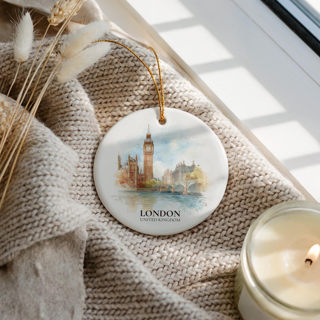 London United Kingdom Personalized Watercolor Ornament, Custom Ceramic Christmas gift, Travel Keepsake - CuteBeePix