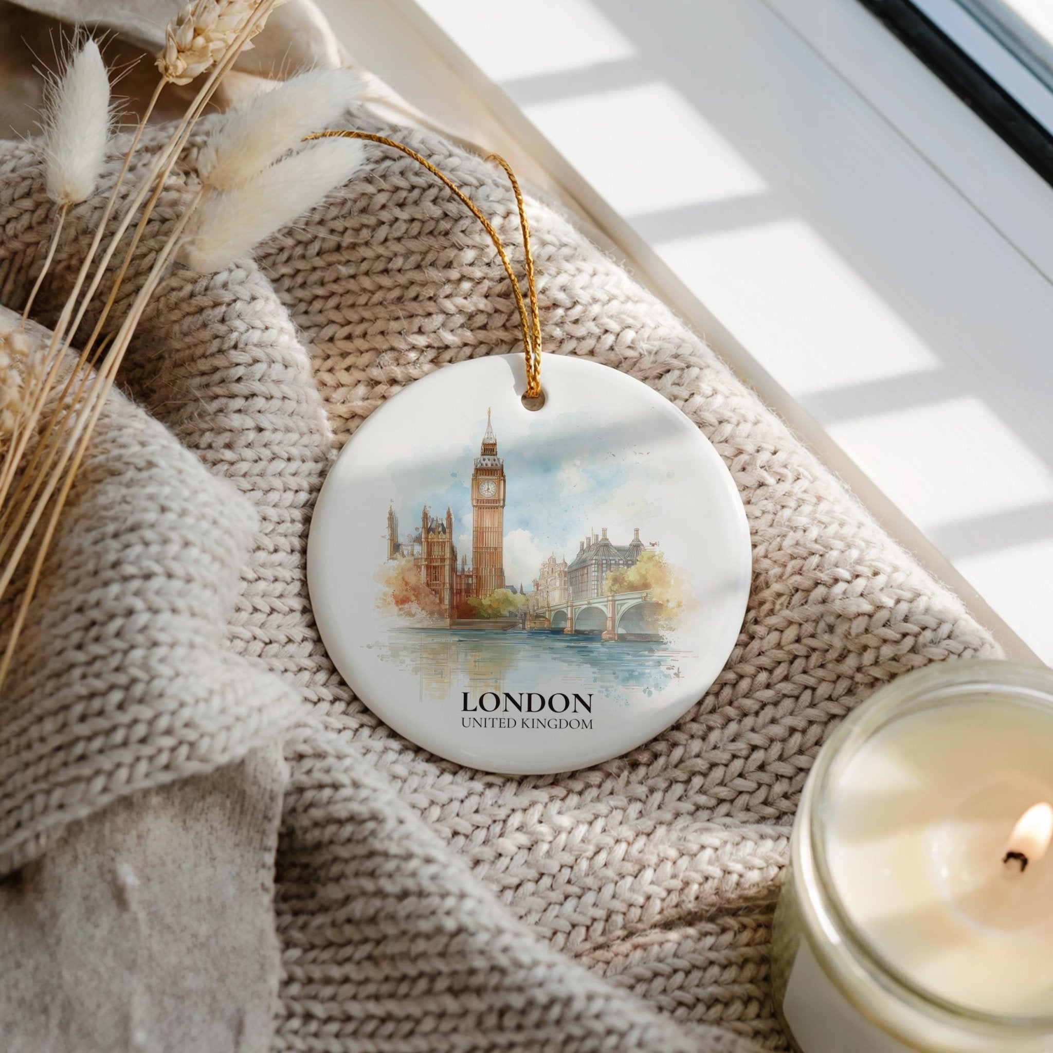 London United Kingdom Personalized Watercolor Ornament, Custom Ceramic Christmas gift, Travel Keepsake - CuteBeePix