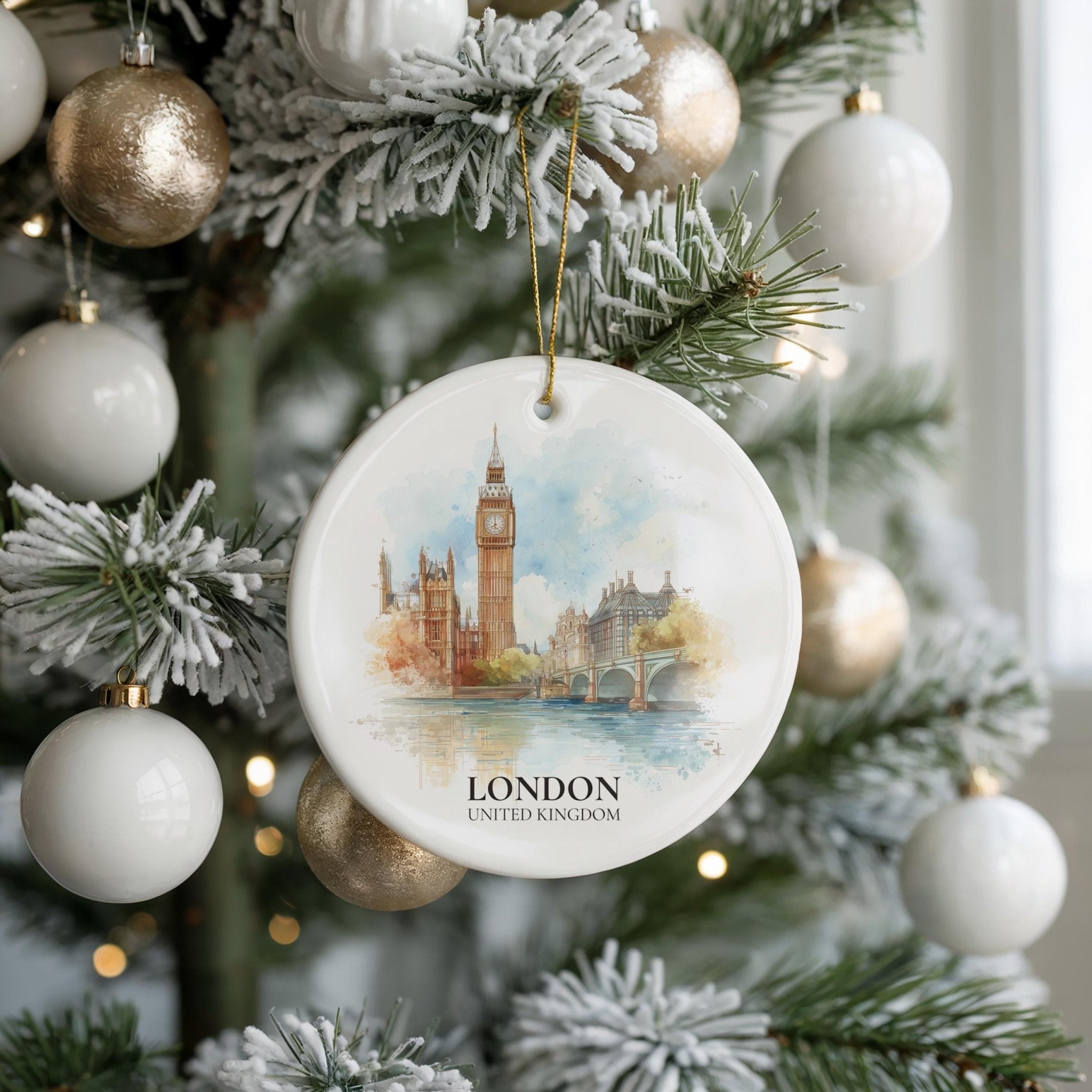 London United Kingdom Personalized Watercolor Ornament, Custom Ceramic Christmas gift, Travel Keepsake - CuteBeePix