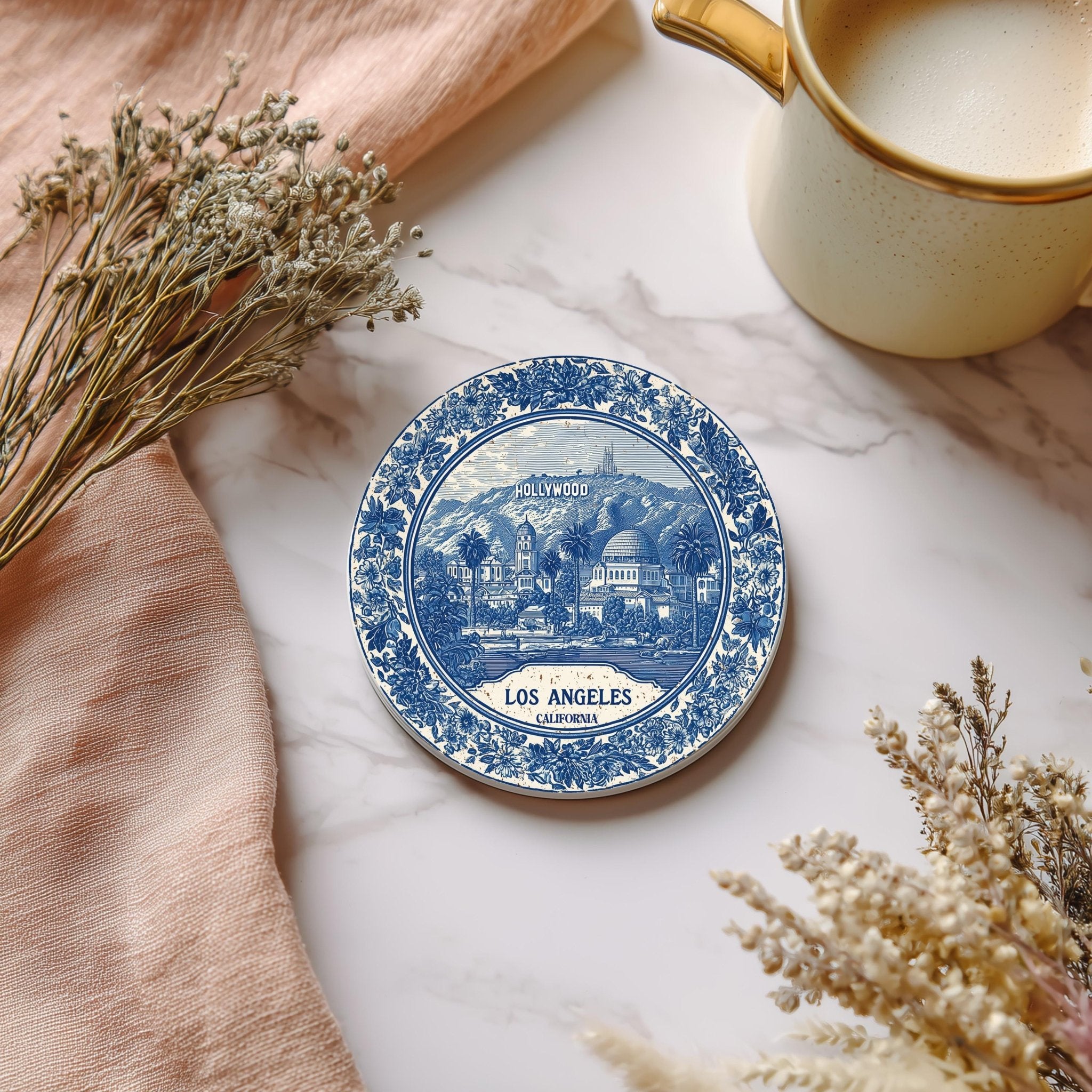 Los Angeles California Delftware Ceramic Coaster, Blue White Travel Gift, Vintage Home Decor Collectible - CuteBeePix