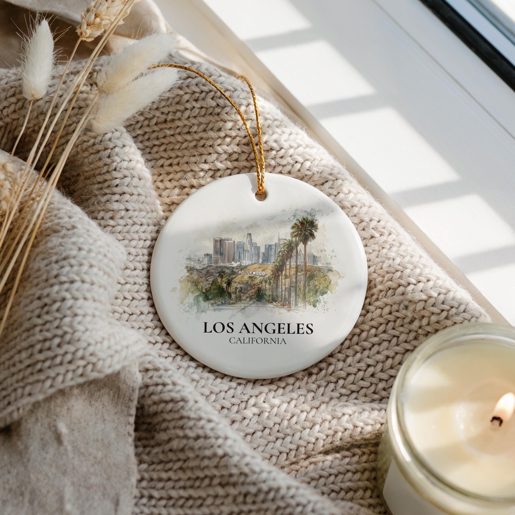 Los Angeles California Personalized Watercolor Ornament, Custom Ceramic Christmas gift, Travel Keepsake - CuteBeePix