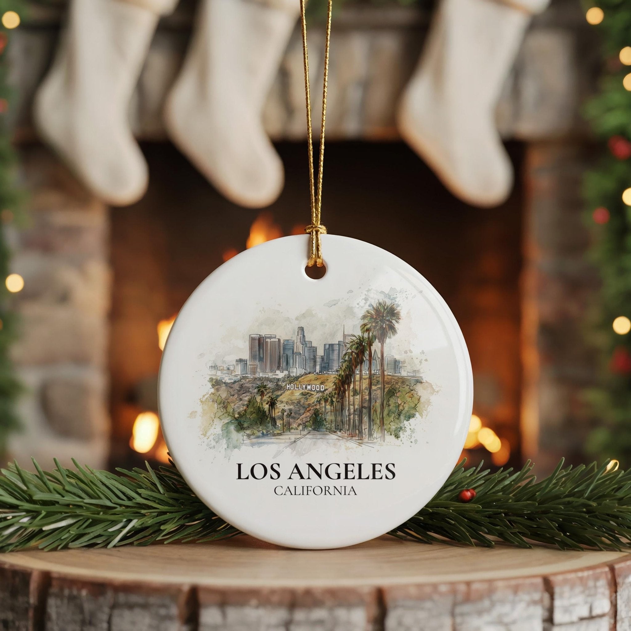 Los Angeles California Personalized Watercolor Ornament, Custom Ceramic Christmas gift, Travel Keepsake - CuteBeePix