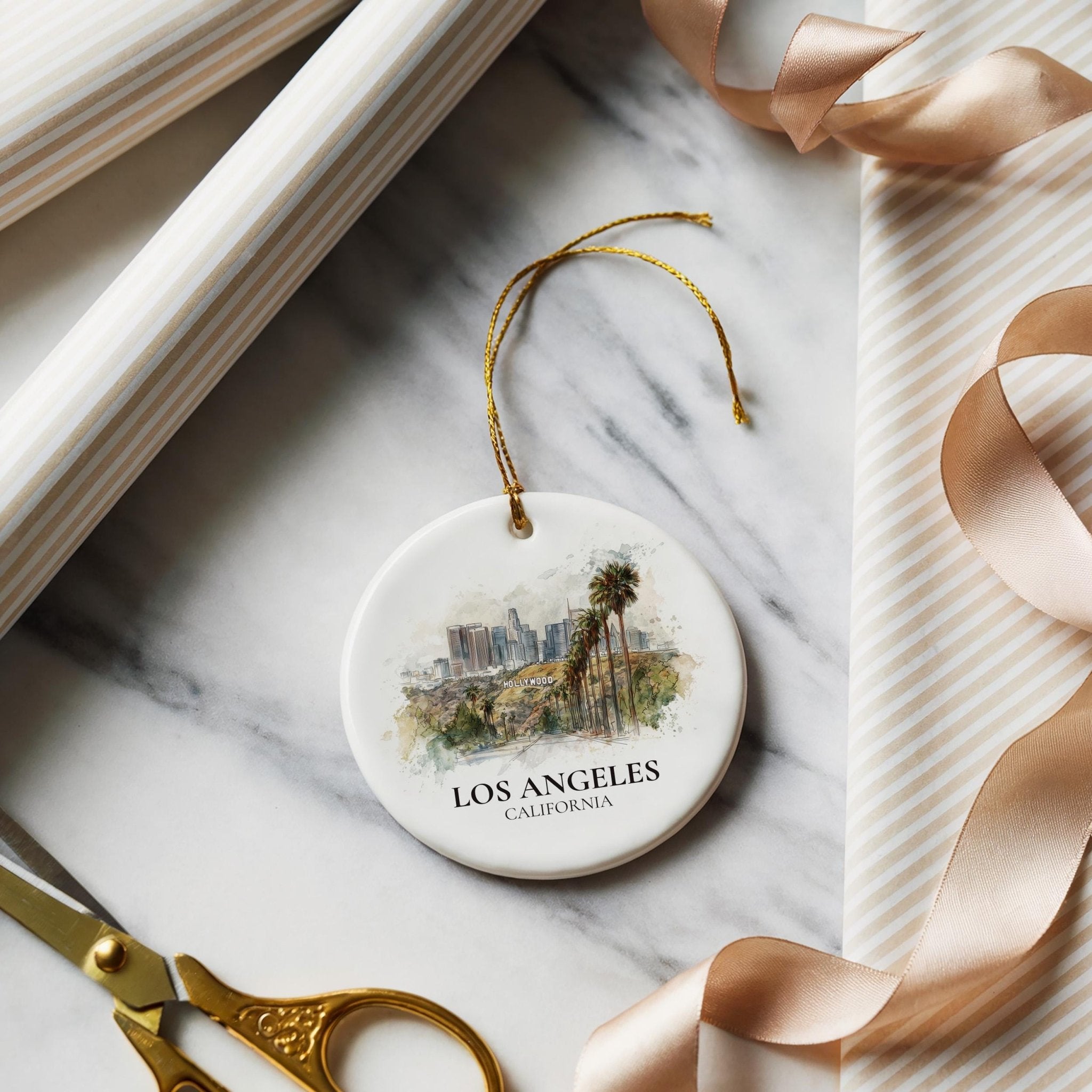 Los Angeles California Personalized Watercolor Ornament, Custom Ceramic Christmas gift, Travel Keepsake - CuteBeePix