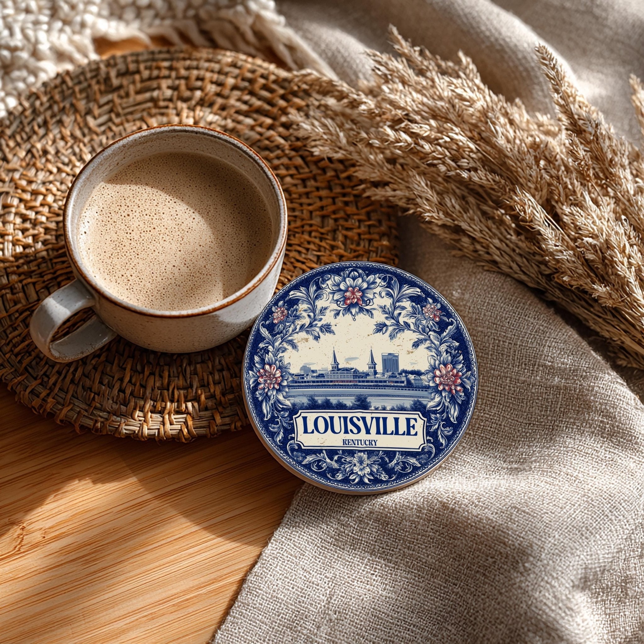 Louisville Kentucky Delftware Ceramic Coaster, Blue White Travel Gift, Vintage Home Decor Collectible - CuteBeePix