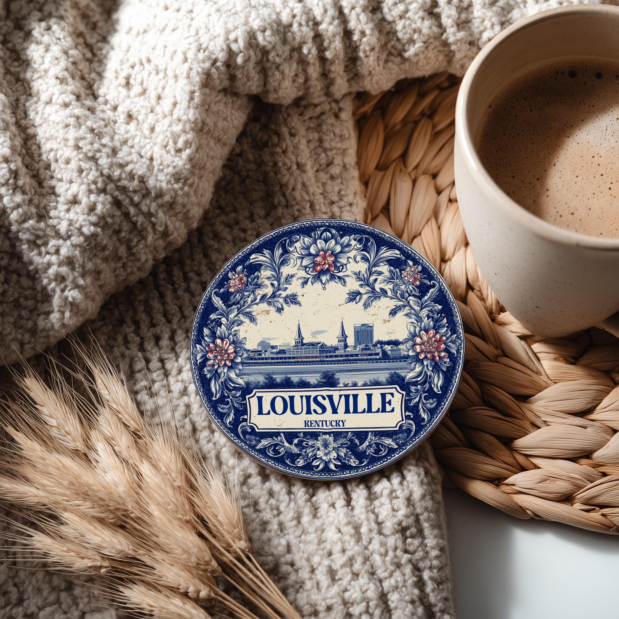 Louisville Kentucky Delftware Ceramic Coaster, Blue White Travel Gift, Vintage Home Decor Collectible - CuteBeePix