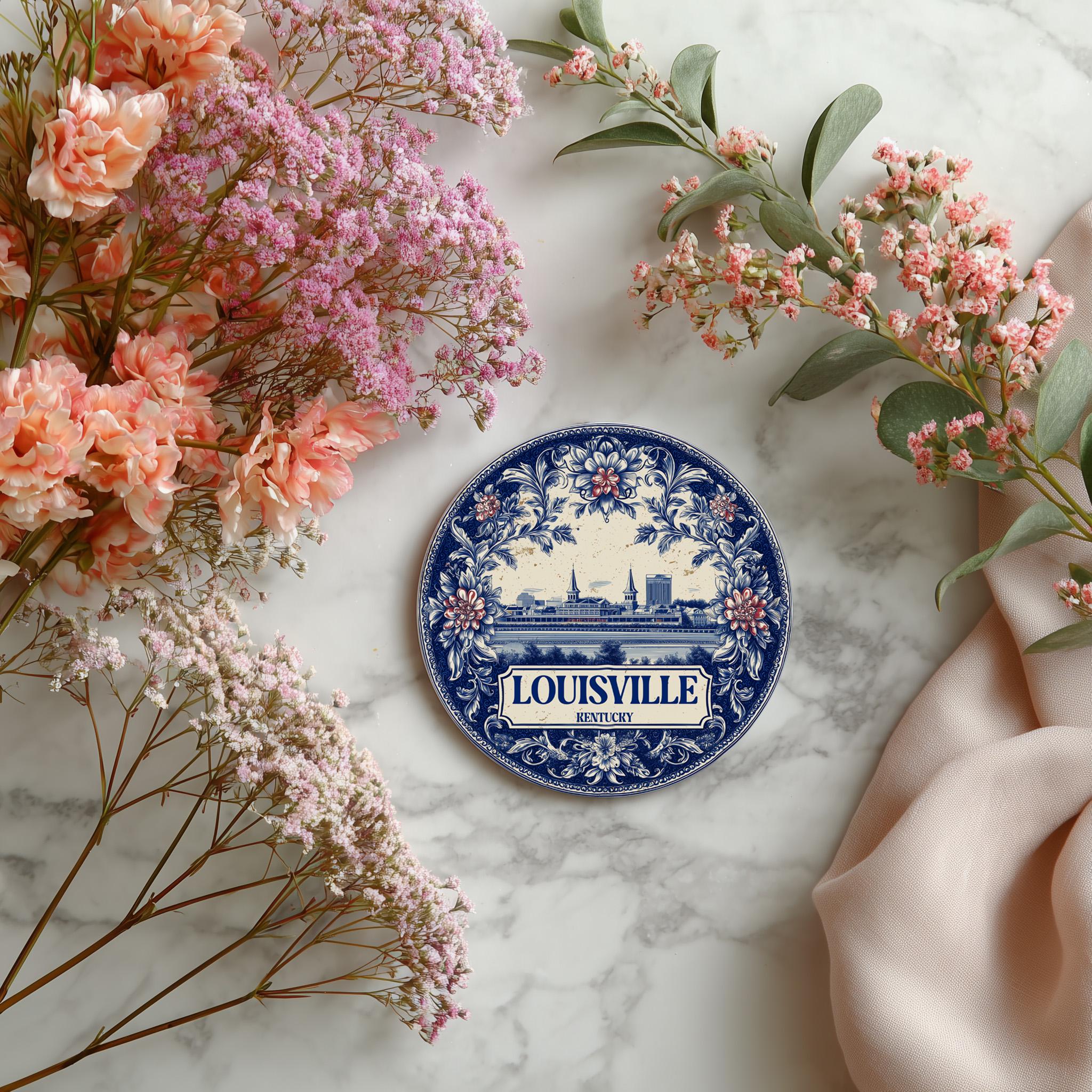 Louisville Kentucky Delftware Ceramic Coaster, Blue White Travel Gift, Vintage Home Decor Collectible - CuteBeePix