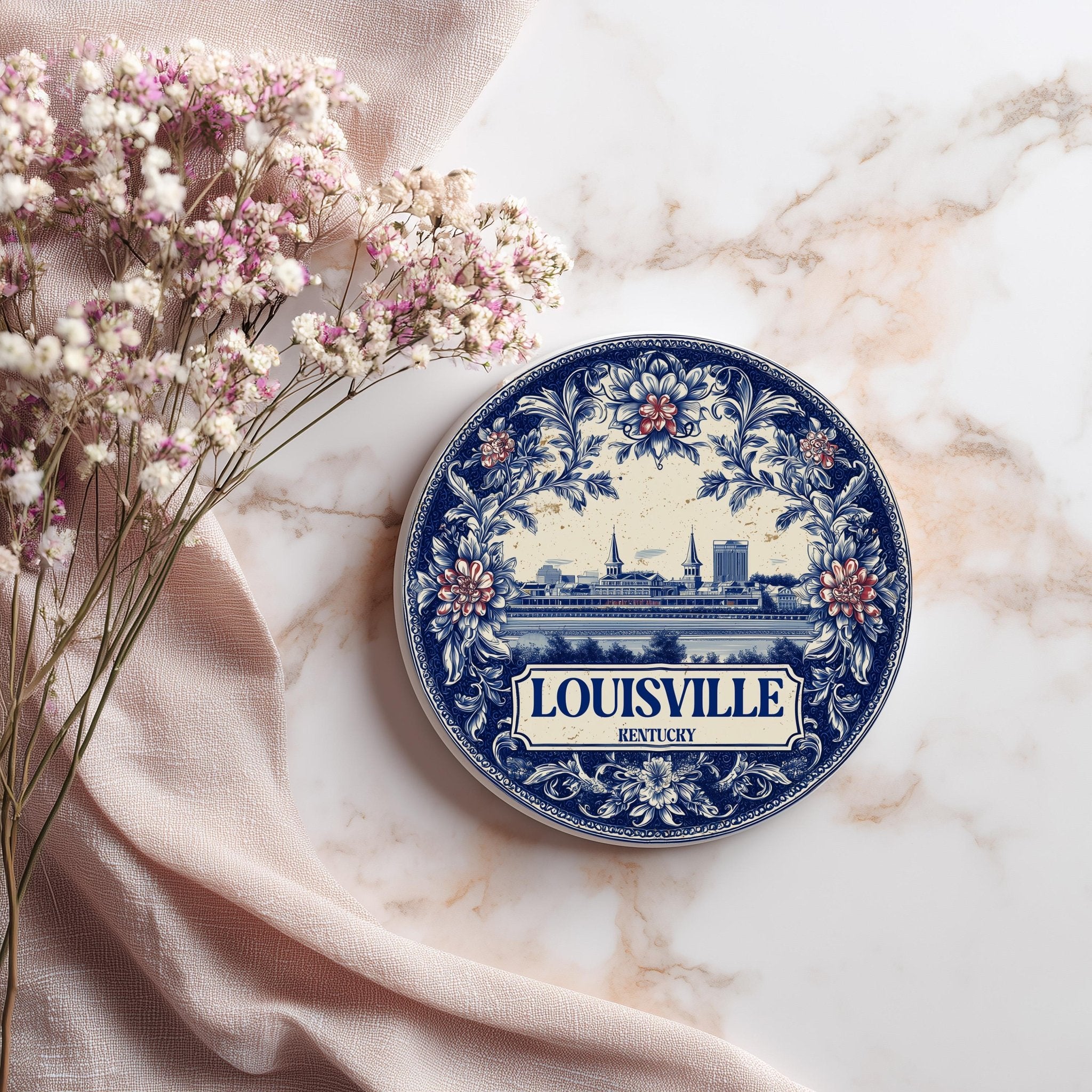 Louisville Kentucky Delftware Ceramic Coaster, Blue White Travel Gift, Vintage Home Decor Collectible - CuteBeePix