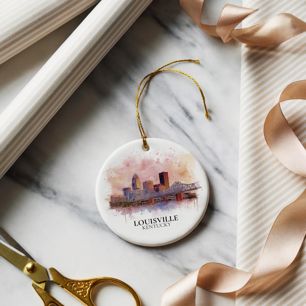 Louisville Kentucky Personalized Watercolor Ornament, Custom Ceramic Christmas gift, Travel Keepsake - CuteBeePix