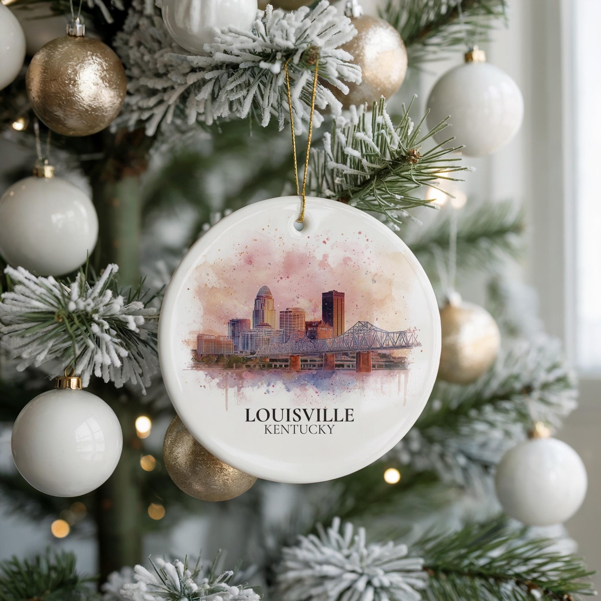 Louisville Kentucky Personalized Watercolor Ornament, Custom Ceramic Christmas gift, Travel Keepsake - CuteBeePix