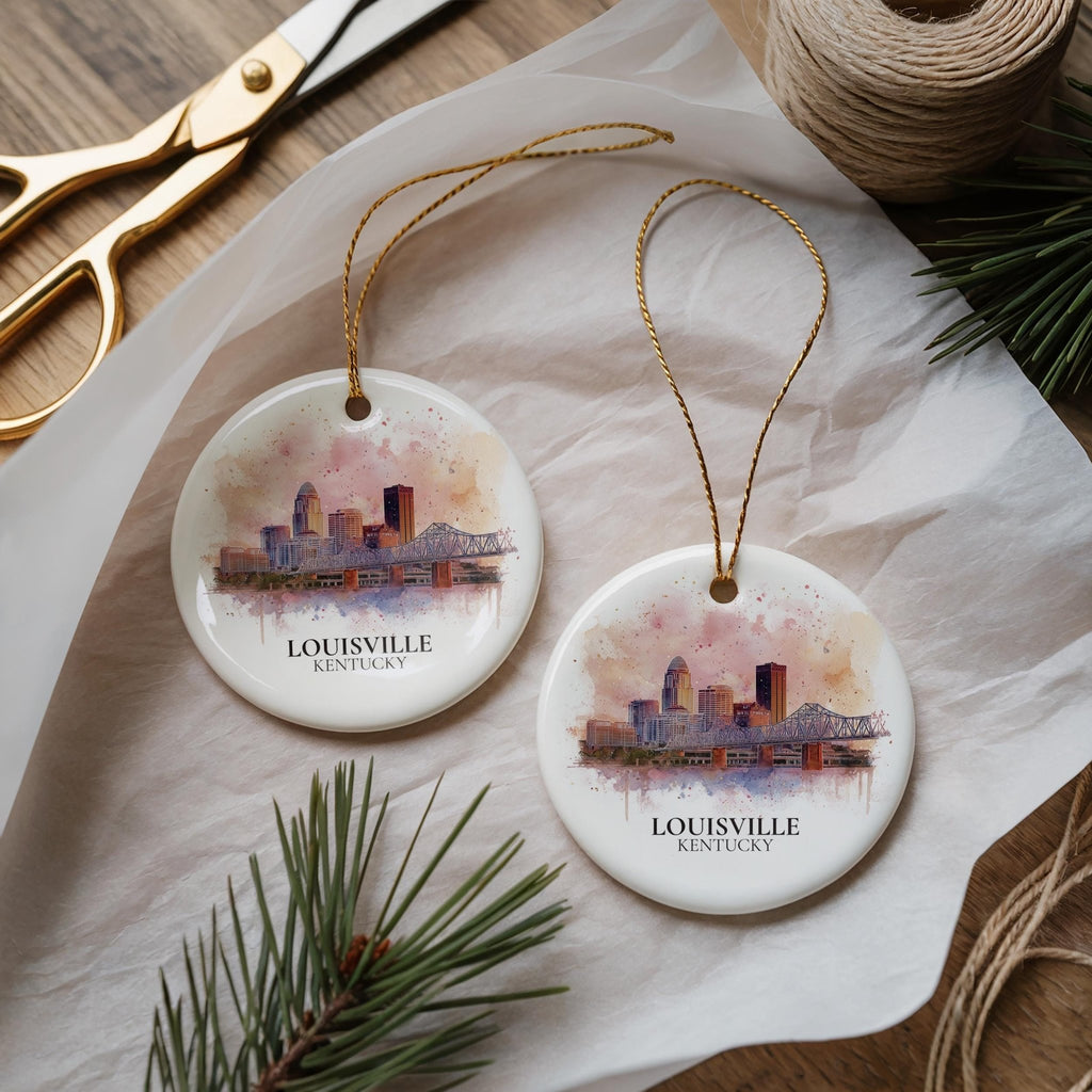 Louisville Kentucky Personalized Watercolor Ornament, Custom Ceramic Christmas gift, Travel Keepsake - CuteBeePix