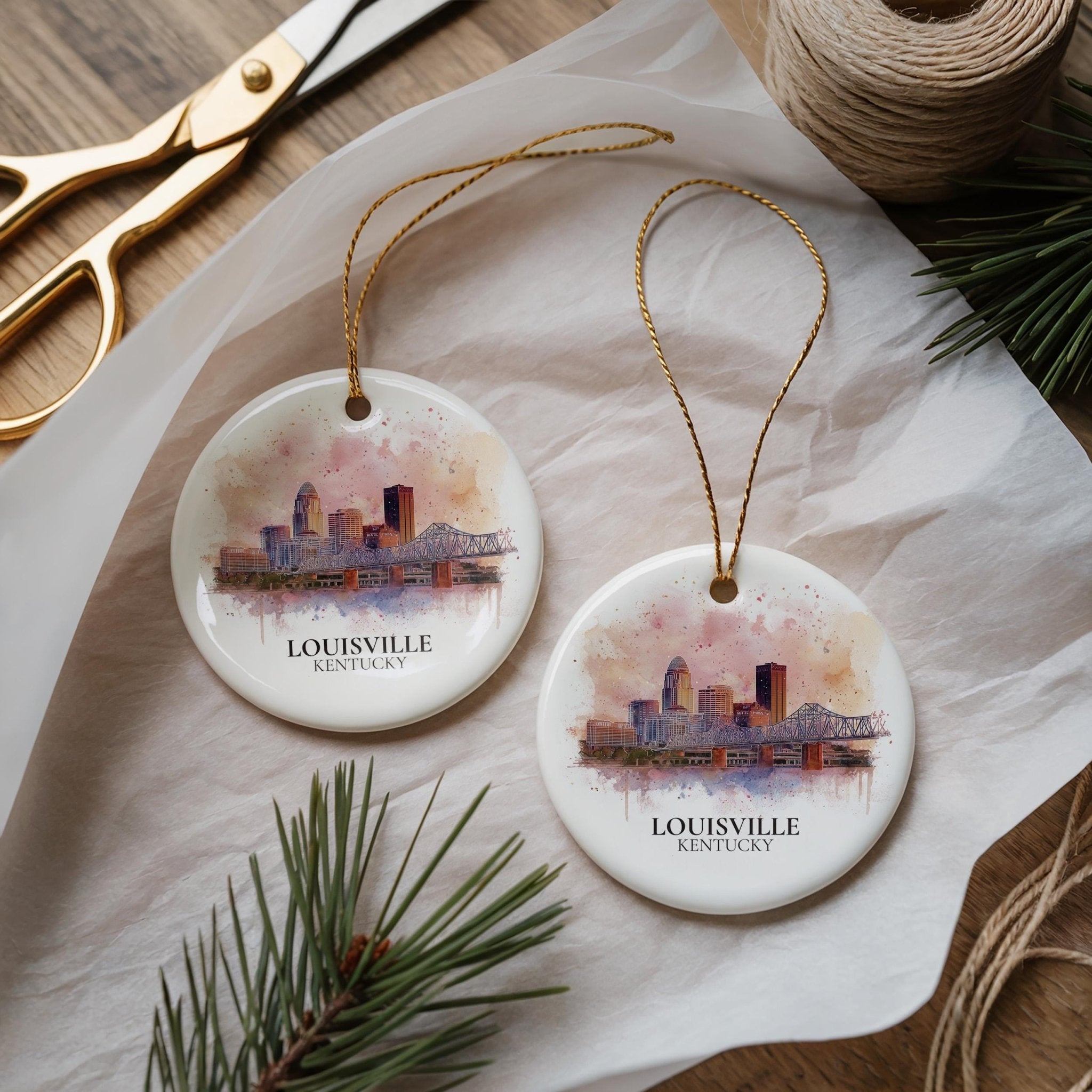 Louisville Kentucky Personalized Watercolor Ornament, Custom Ceramic Christmas gift, Travel Keepsake - CuteBeePix