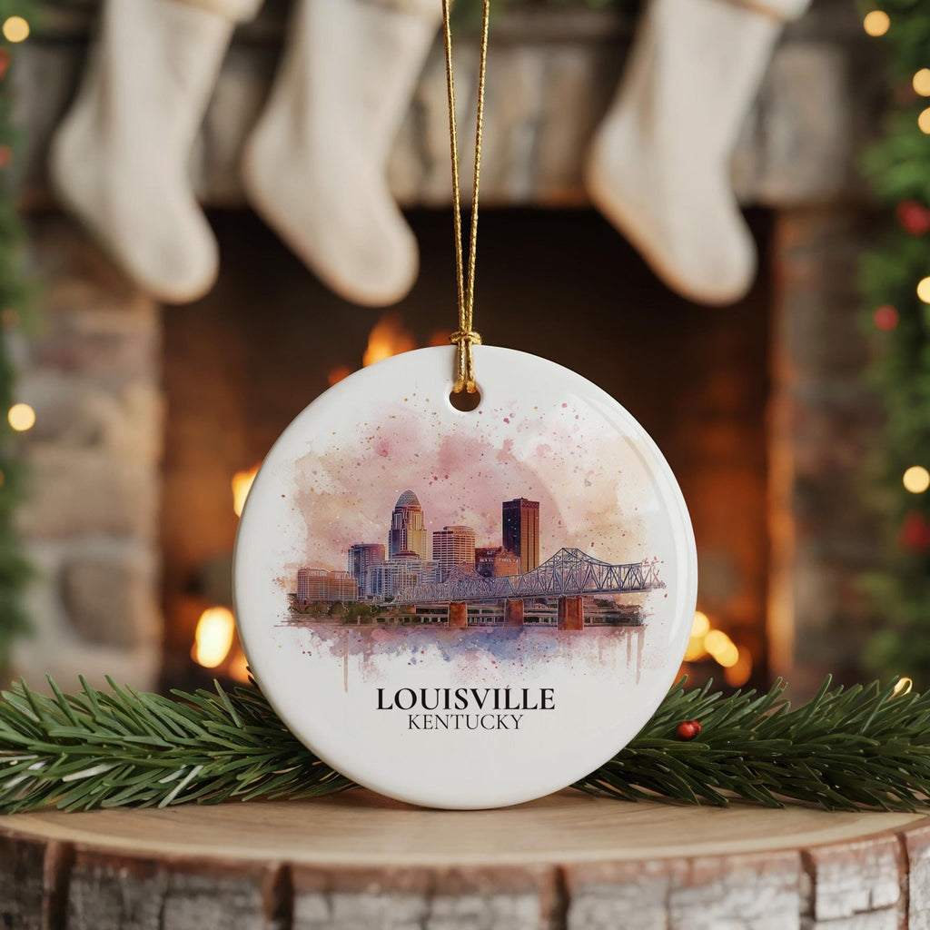 Louisville Kentucky Personalized Watercolor Ornament, Custom Ceramic Christmas gift, Travel Keepsake - CuteBeePix