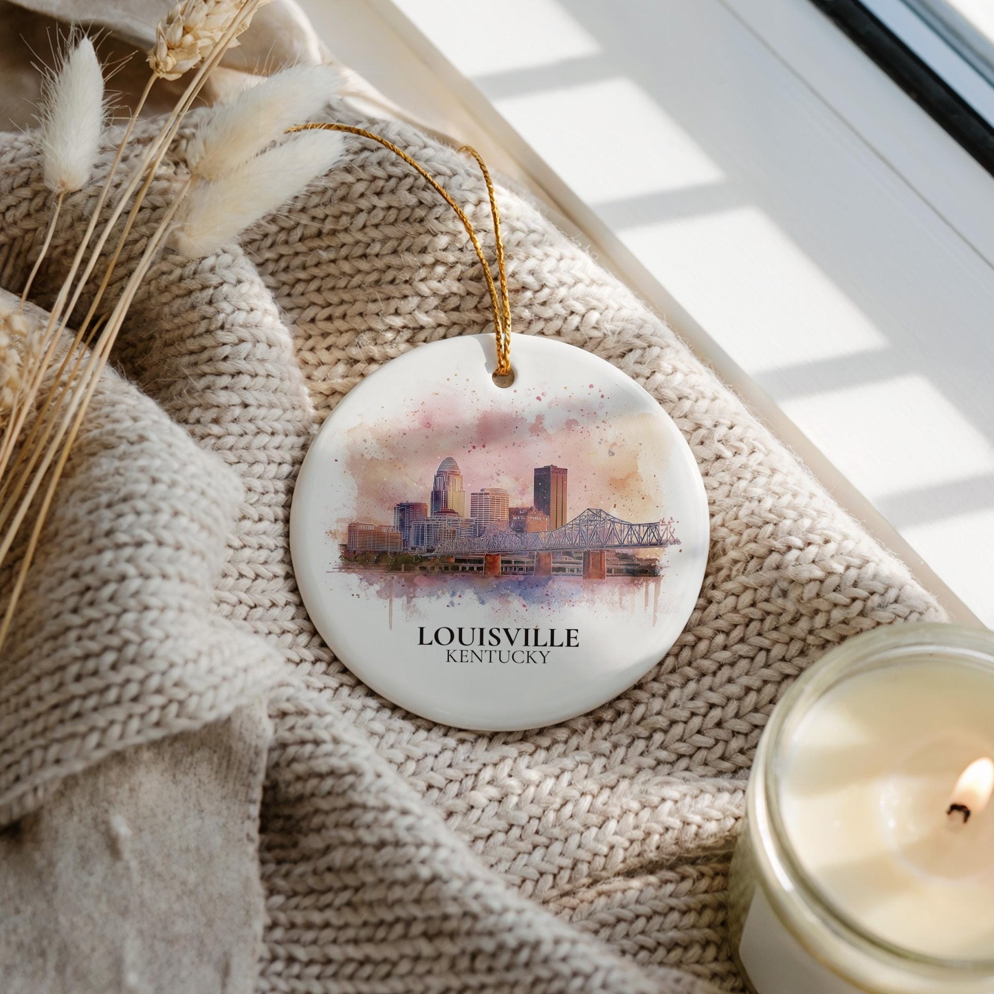 Louisville Kentucky Personalized Watercolor Ornament, Custom Ceramic Christmas gift, Travel Keepsake - CuteBeePix