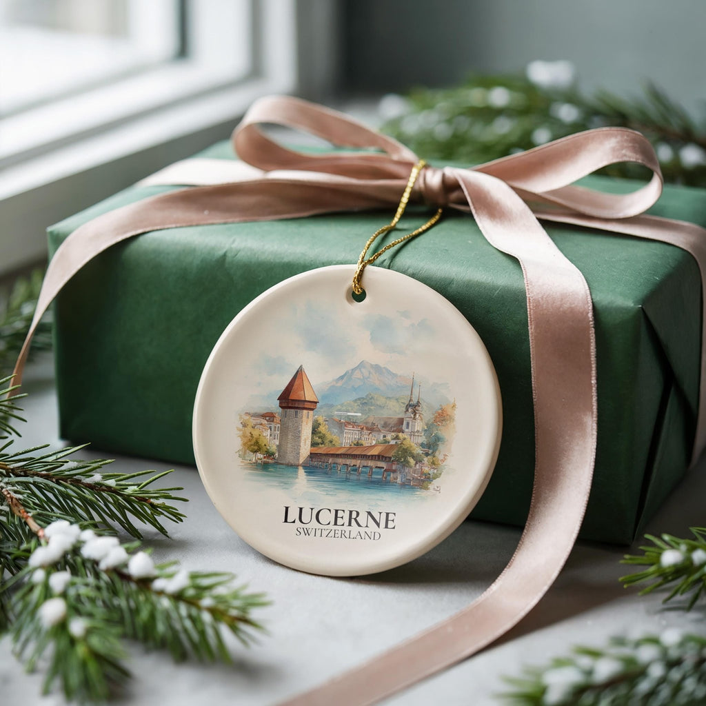 Lucerne Switzerland Personalized Watercolor Ornament, Custom Ceramic Christmas gift, Travel Keepsake - CuteBeePix