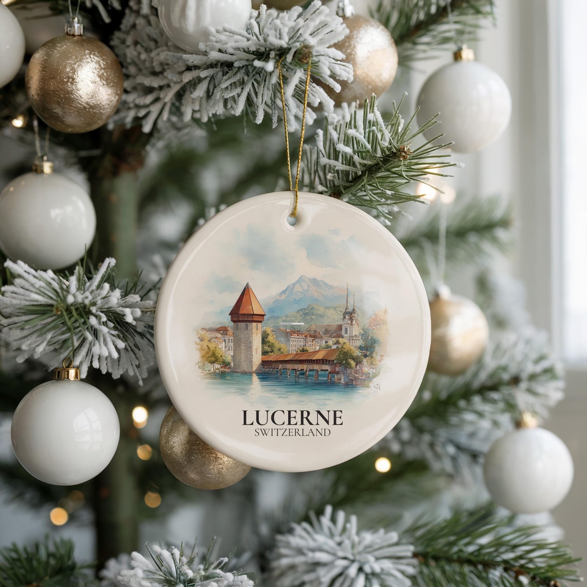 Lucerne Switzerland Personalized Watercolor Ornament, Custom Ceramic Christmas gift, Travel Keepsake - CuteBeePix