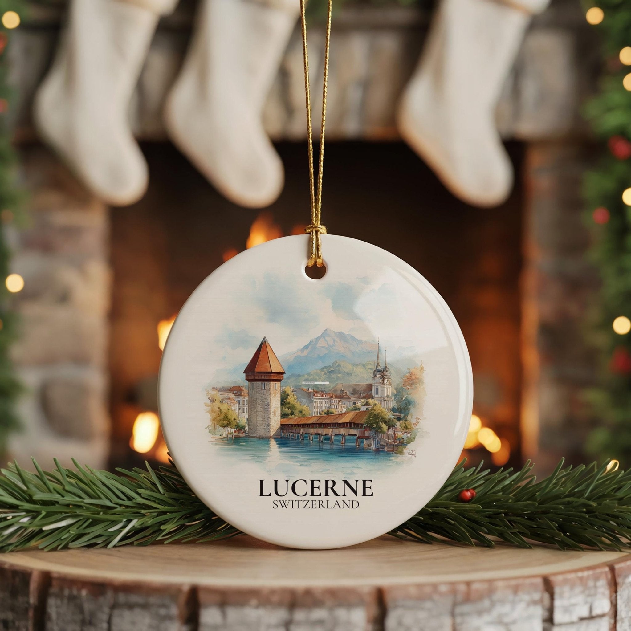 Lucerne Switzerland Personalized Watercolor Ornament, Custom Ceramic Christmas gift, Travel Keepsake - CuteBeePix