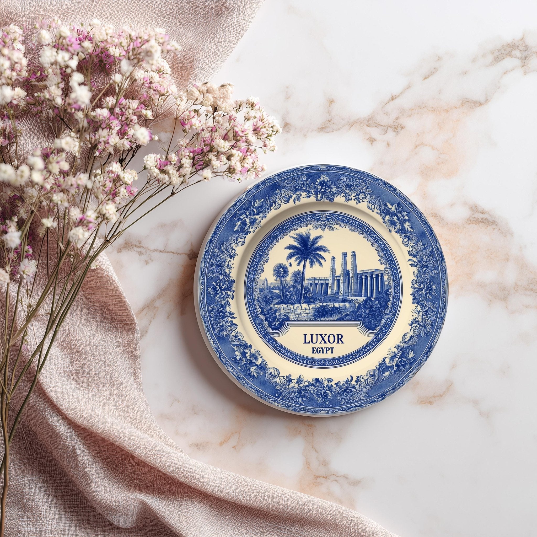 Luxor Egypt Delftware Ceramic Coaster, Blue White Travel Gift, Vintage Home Decor Collectible - CuteBeePix