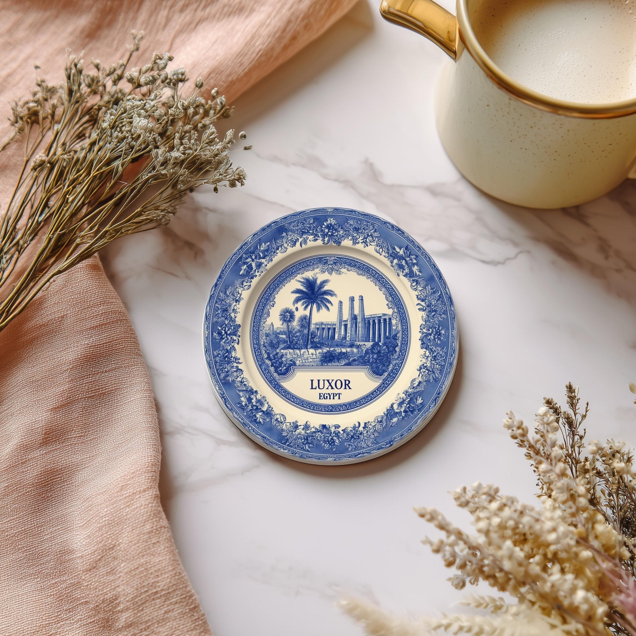 Luxor Egypt Delftware Ceramic Coaster, Blue White Travel Gift, Vintage Home Decor Collectible - CuteBeePix