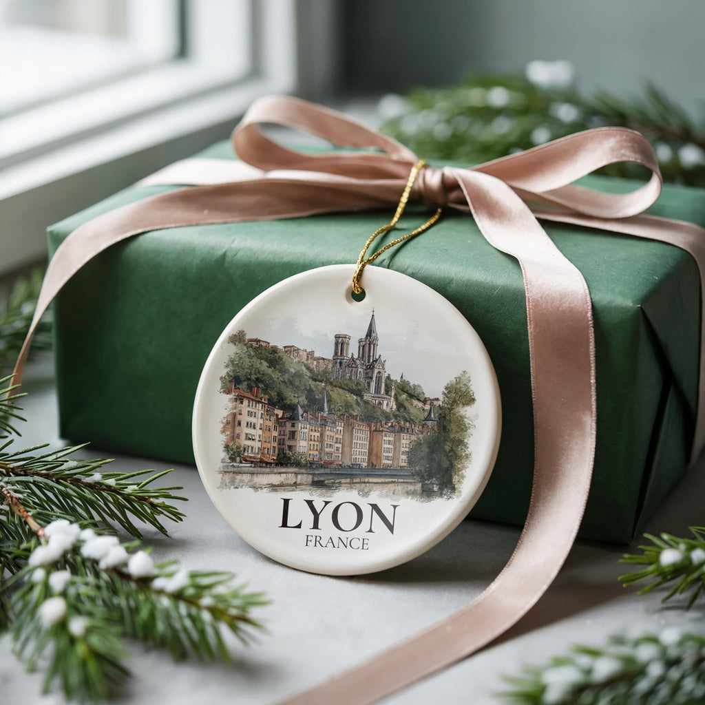 Lyon France Personalized Watercolor Ornament, Custom Ceramic Christmas gift, Travel Keepsake - CuteBeePix