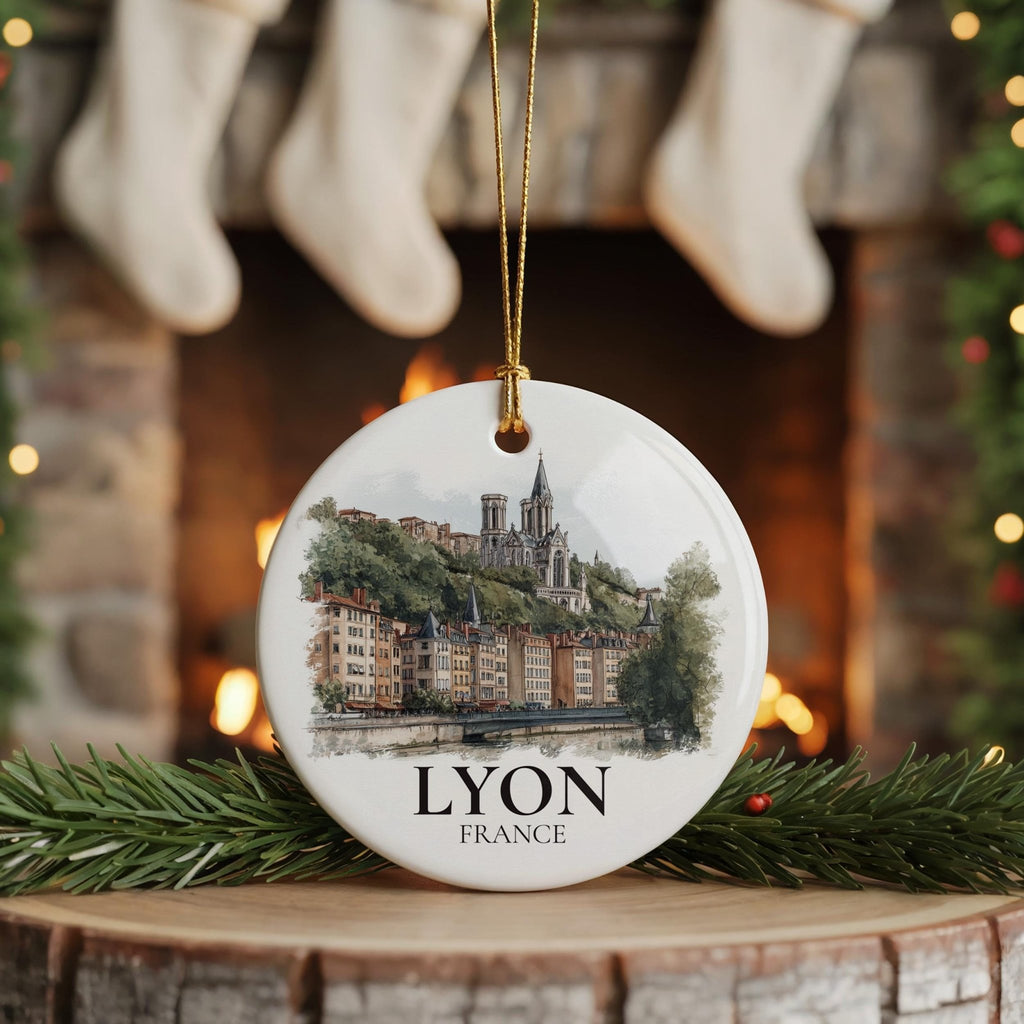 Lyon France Personalized Watercolor Ornament, Custom Ceramic Christmas gift, Travel Keepsake - CuteBeePix