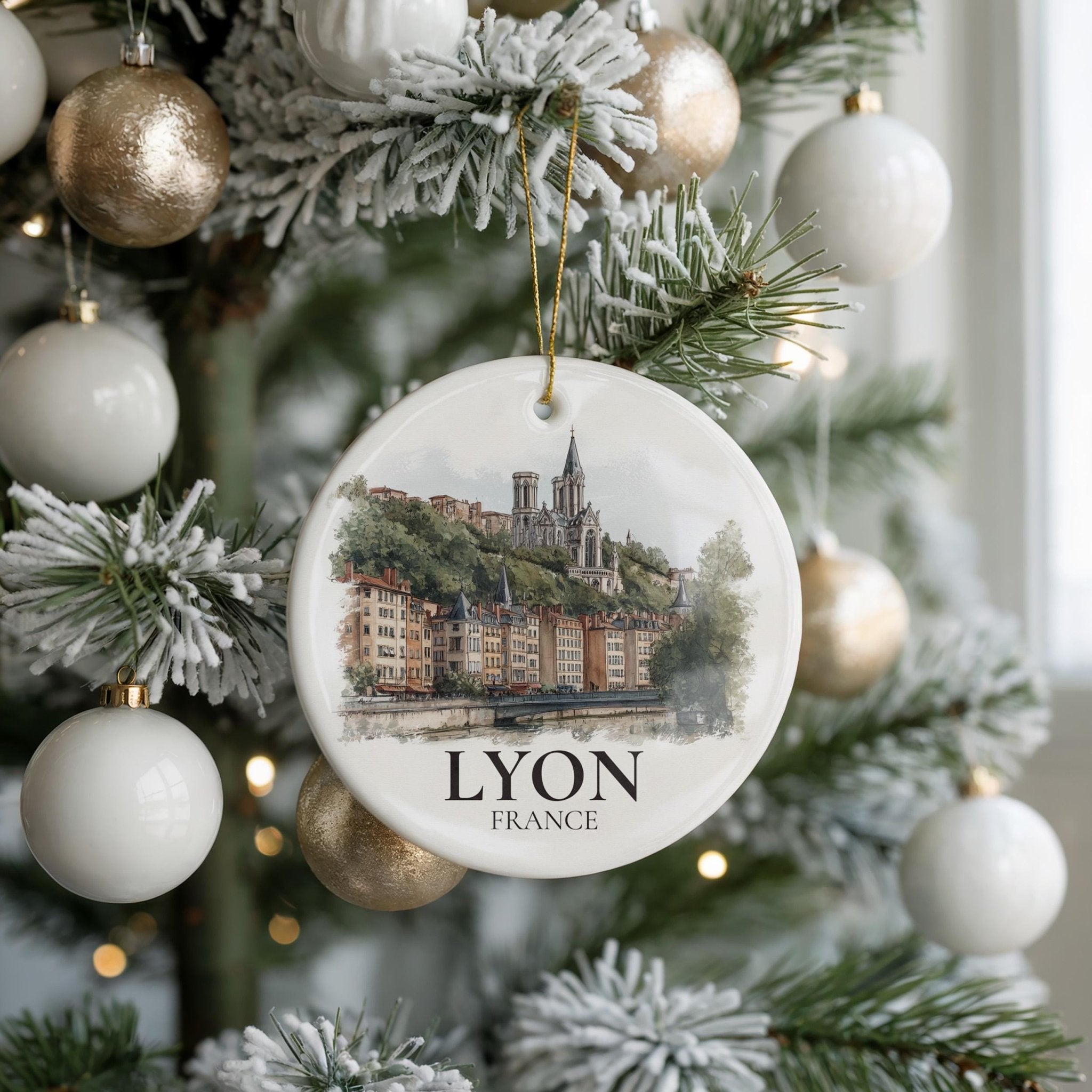 Lyon France Personalized Watercolor Ornament, Custom Ceramic Christmas gift, Travel Keepsake - CuteBeePix