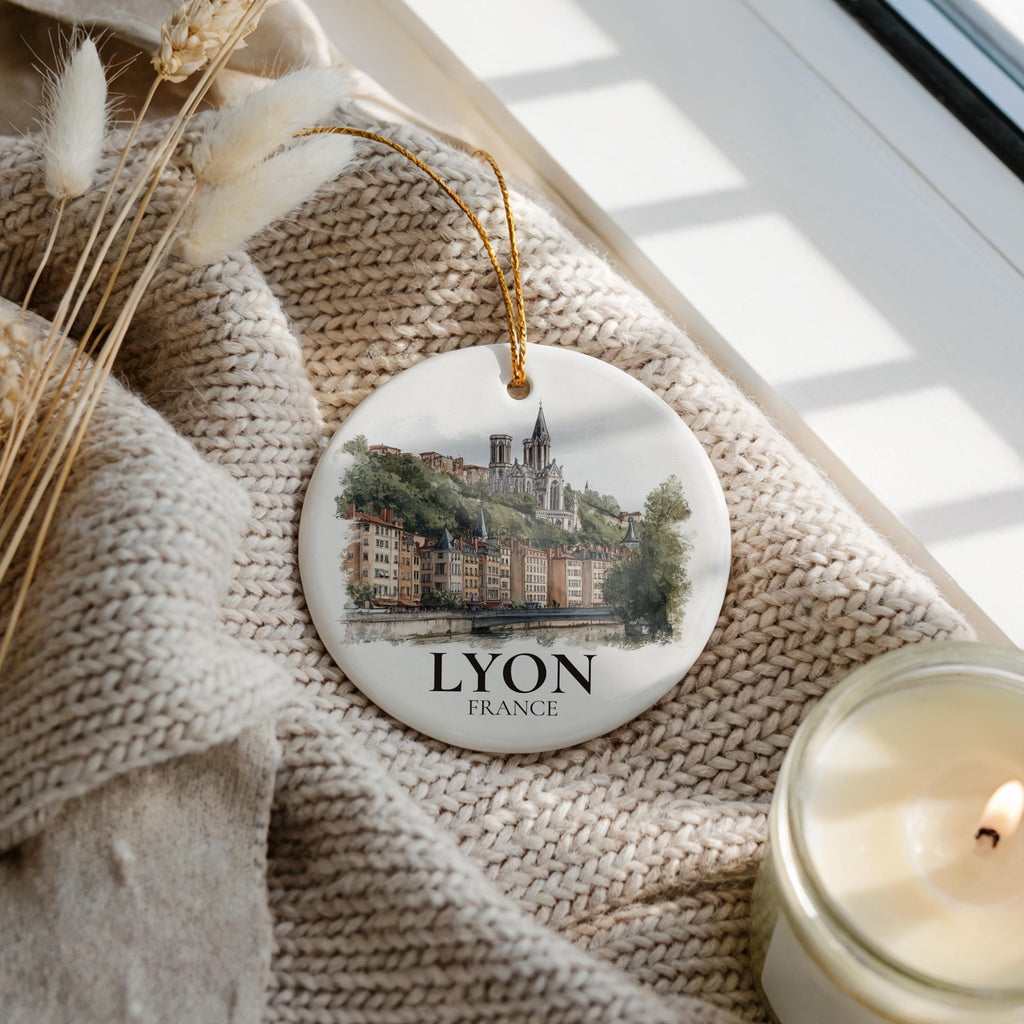 Lyon France Personalized Watercolor Ornament, Custom Ceramic Christmas gift, Travel Keepsake - CuteBeePix