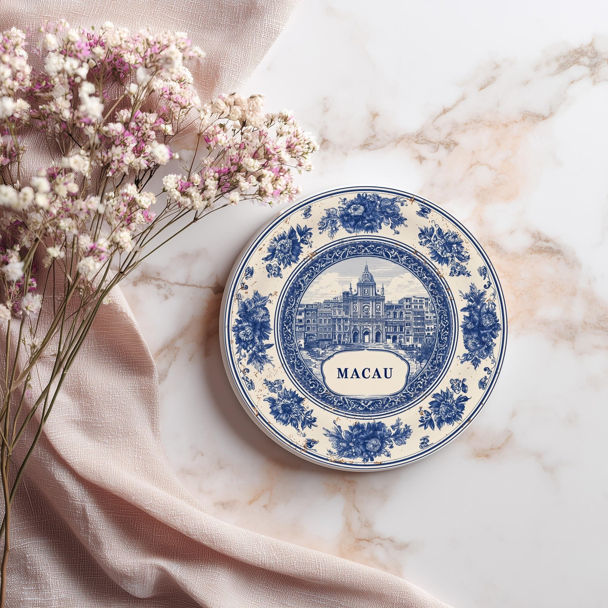 Macau China Delftware Ceramic Coaster, Blue White Travel Gift, Vintage Home Decor Collectible - CuteBeePix