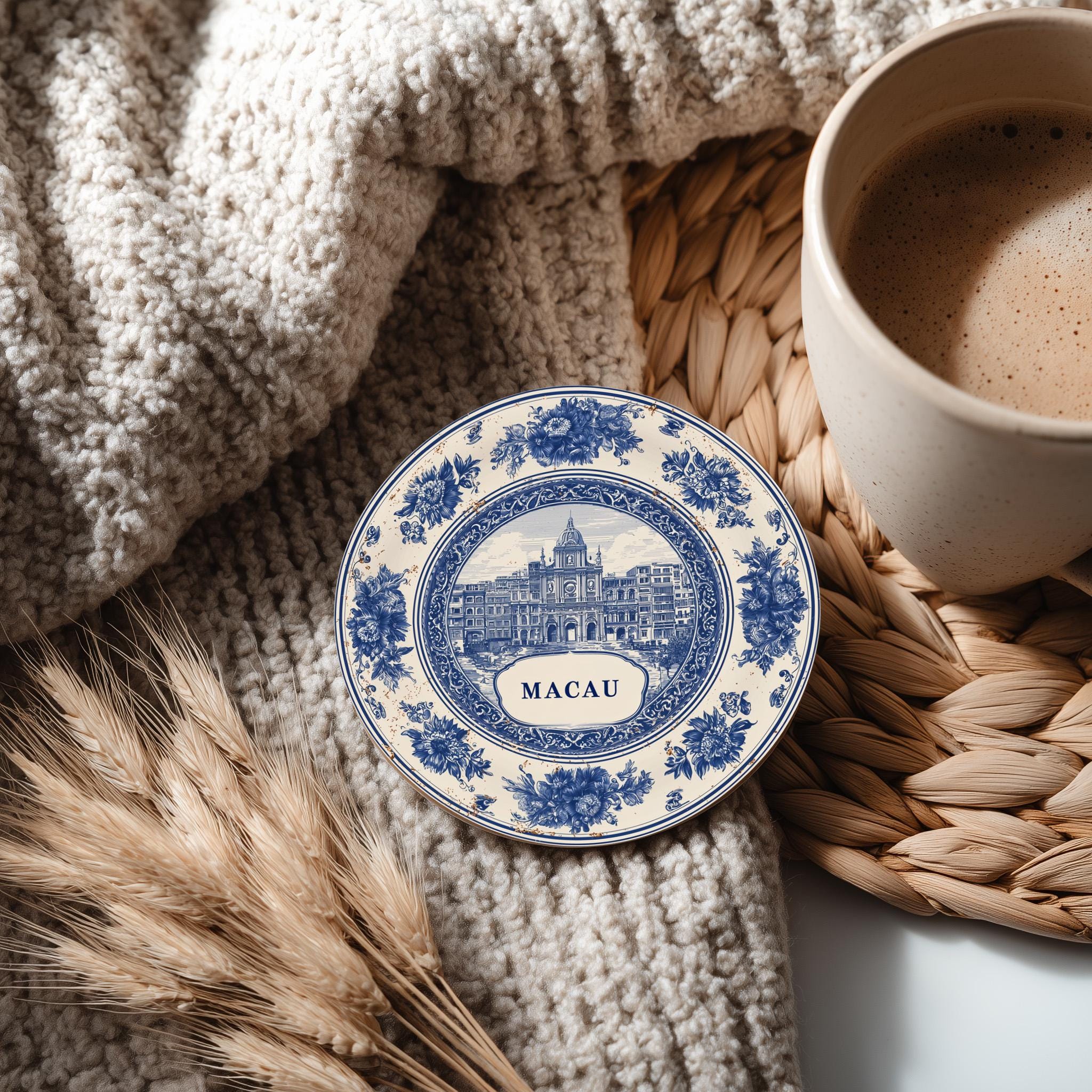 Macau China Delftware Ceramic Coaster, Blue White Travel Gift, Vintage Home Decor Collectible - CuteBeePix