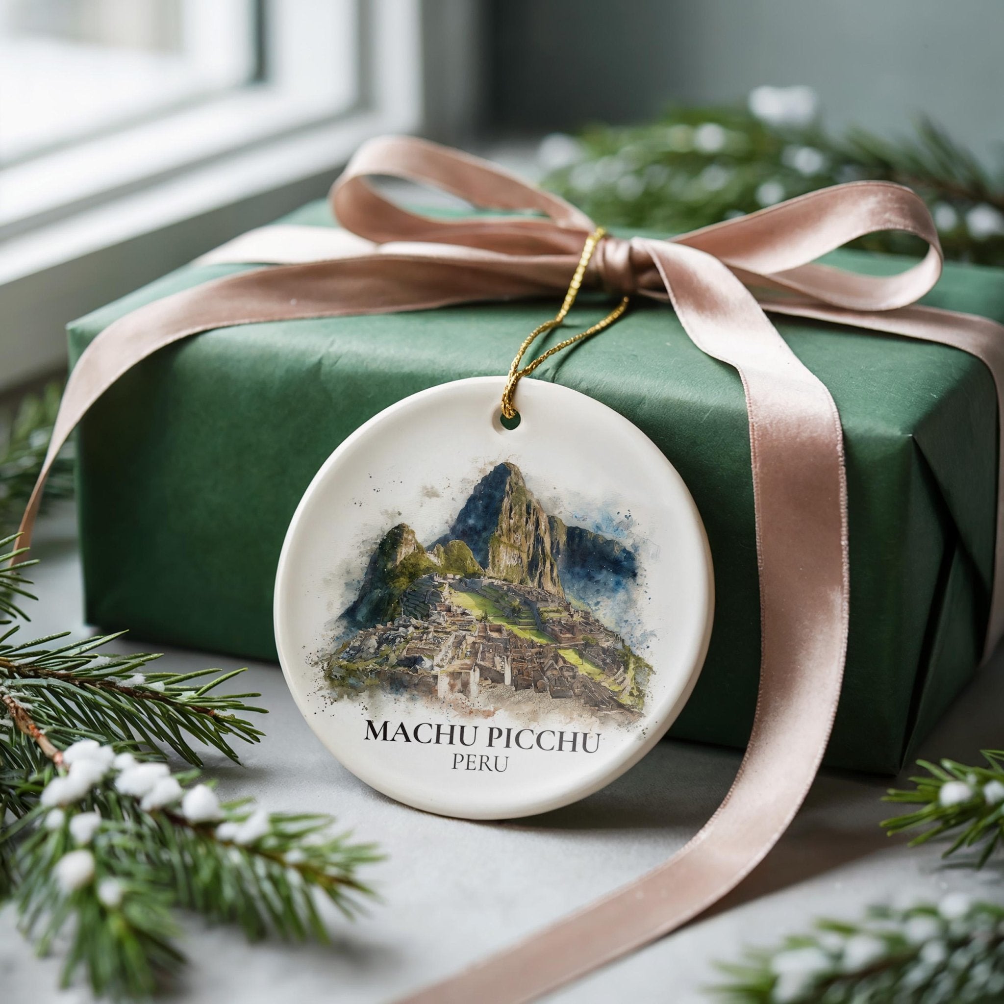 Machu Picchu Peru Personalized Watercolor Ornament, Custom Ceramic Christmas gift, Travel Keepsake - CuteBeePix