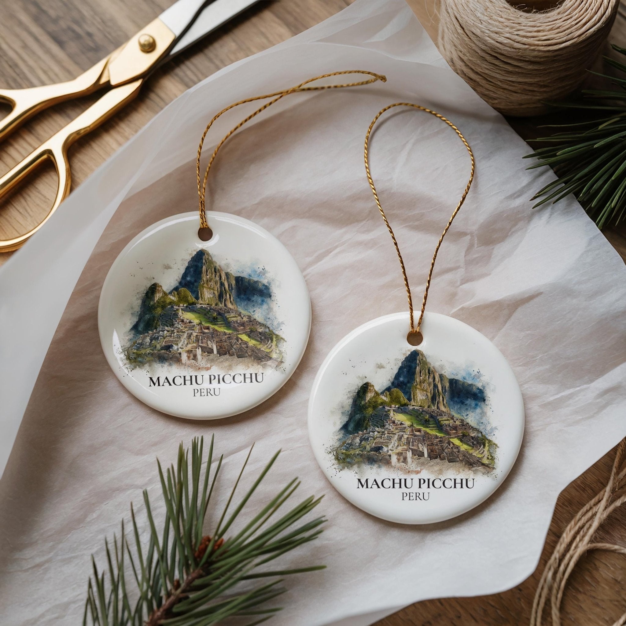 Machu Picchu Peru Personalized Watercolor Ornament, Custom Ceramic Christmas gift, Travel Keepsake - CuteBeePix