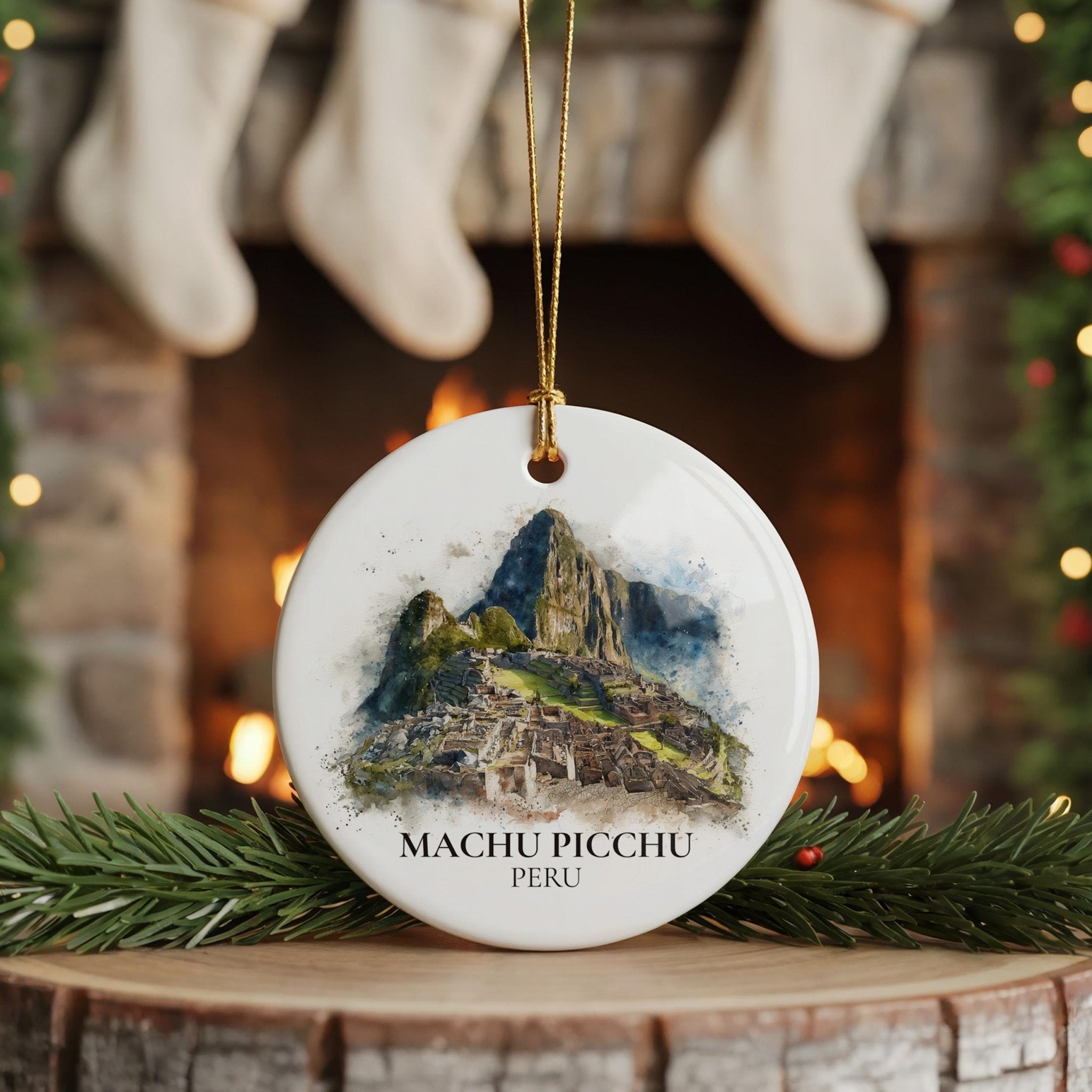 Machu Picchu Peru Personalized Watercolor Ornament, Custom Ceramic Christmas gift, Travel Keepsake - CuteBeePix