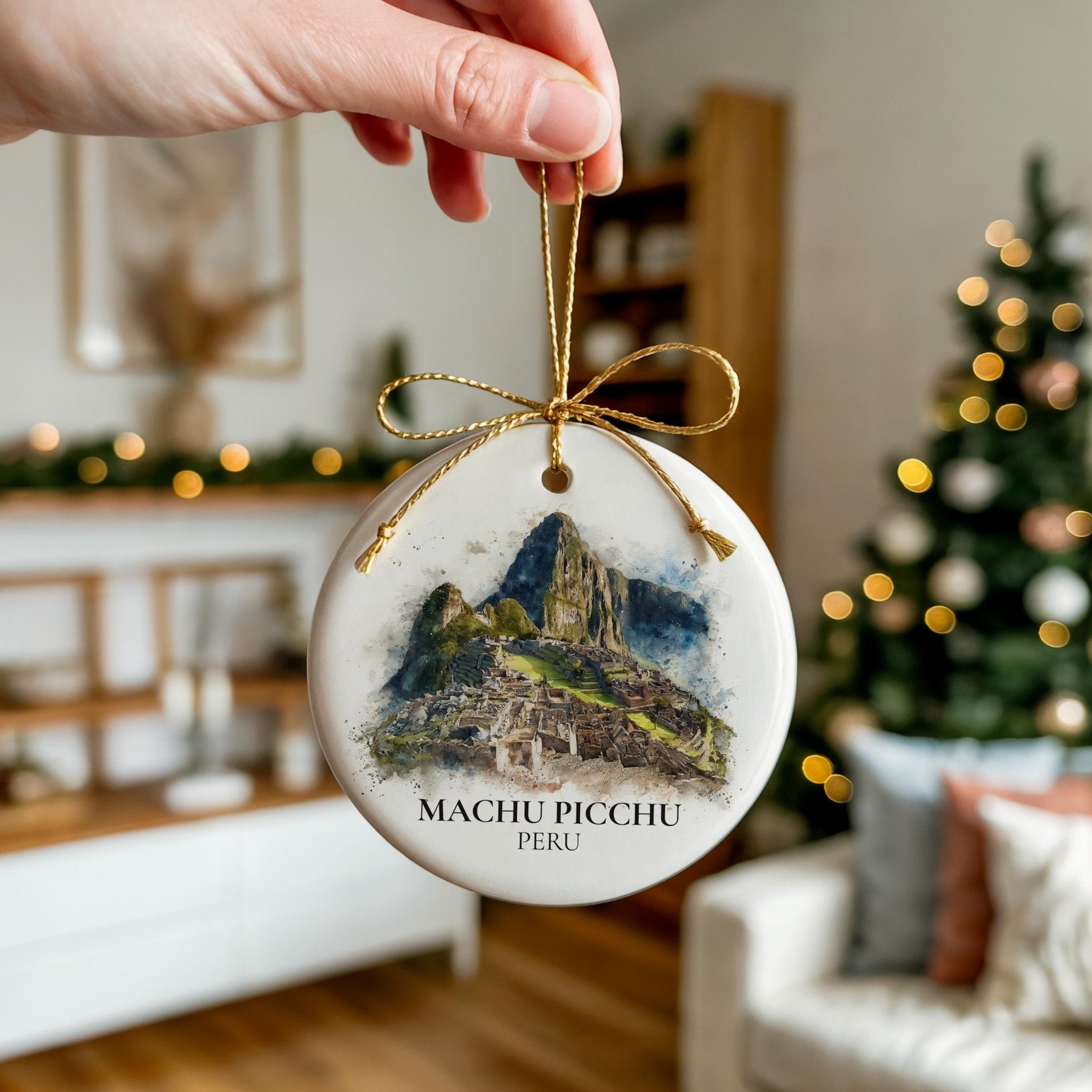 Machu Picchu Peru Personalized Watercolor Ornament, Custom Ceramic Christmas gift, Travel Keepsake - CuteBeePix