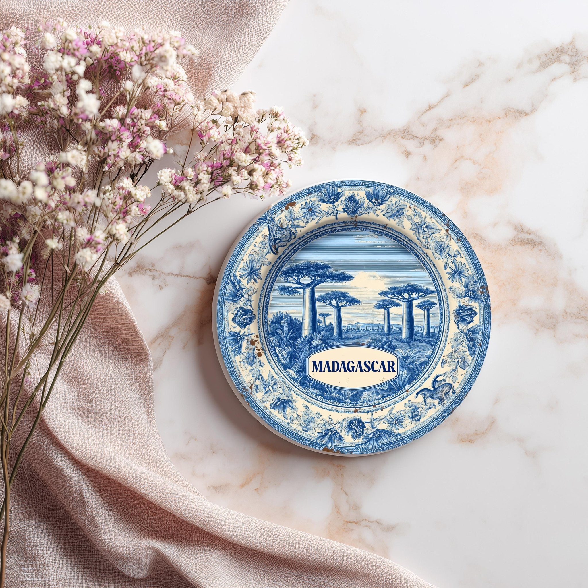 Madagascar Delftware Ceramic Coaster, Blue White Travel Gift, Vintage Home Decor Collectible - CuteBeePix