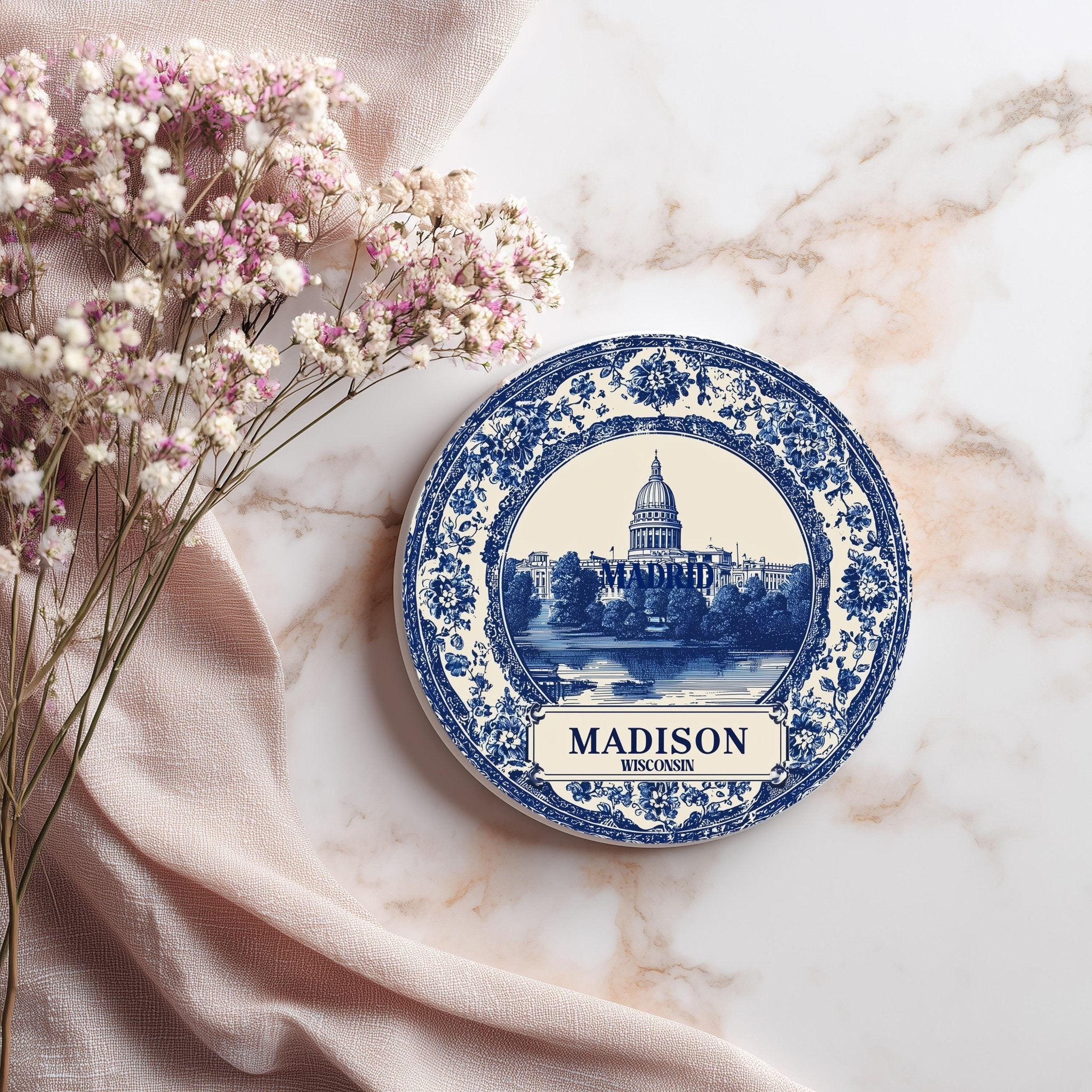 Madison Wisconsin Delftware Ceramic Coaster, Blue White Travel Gift, Vintage Home Decor Collectible - CuteBeePix