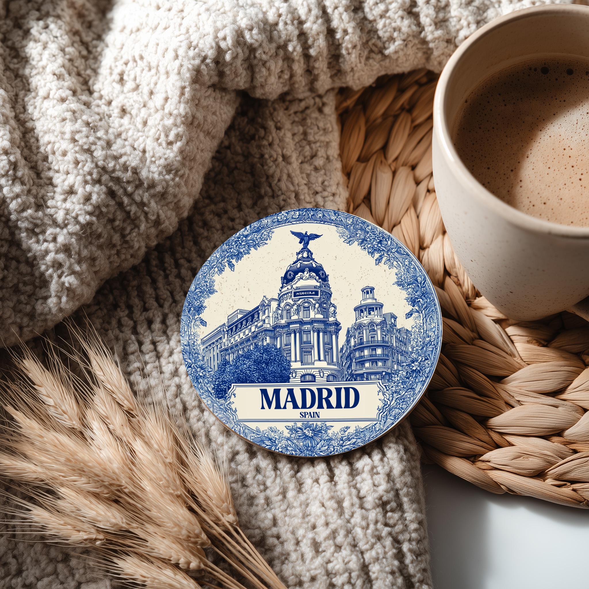 Madrid Spain Delftware Ceramic Coaster, Blue White Travel Gift, Vintage Home Decor Collectible - CuteBeePix