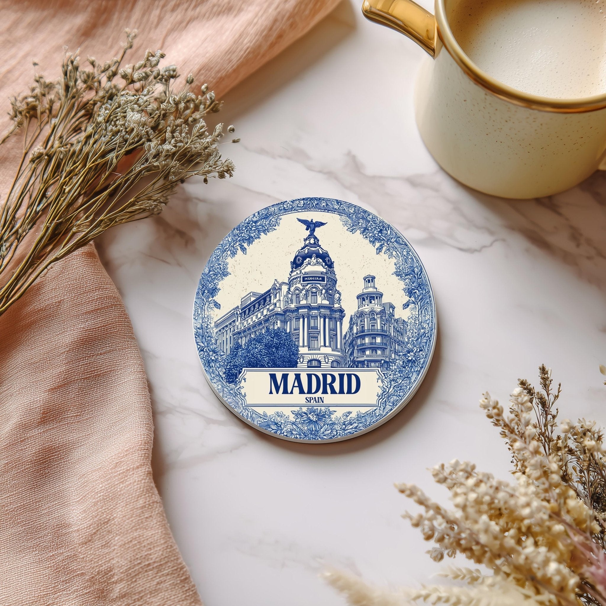 Madrid Spain Delftware Ceramic Coaster, Blue White Travel Gift, Vintage Home Decor Collectible - CuteBeePix